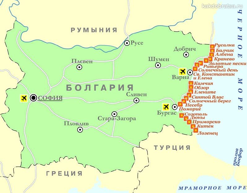 Карта городов курортов Болгарии