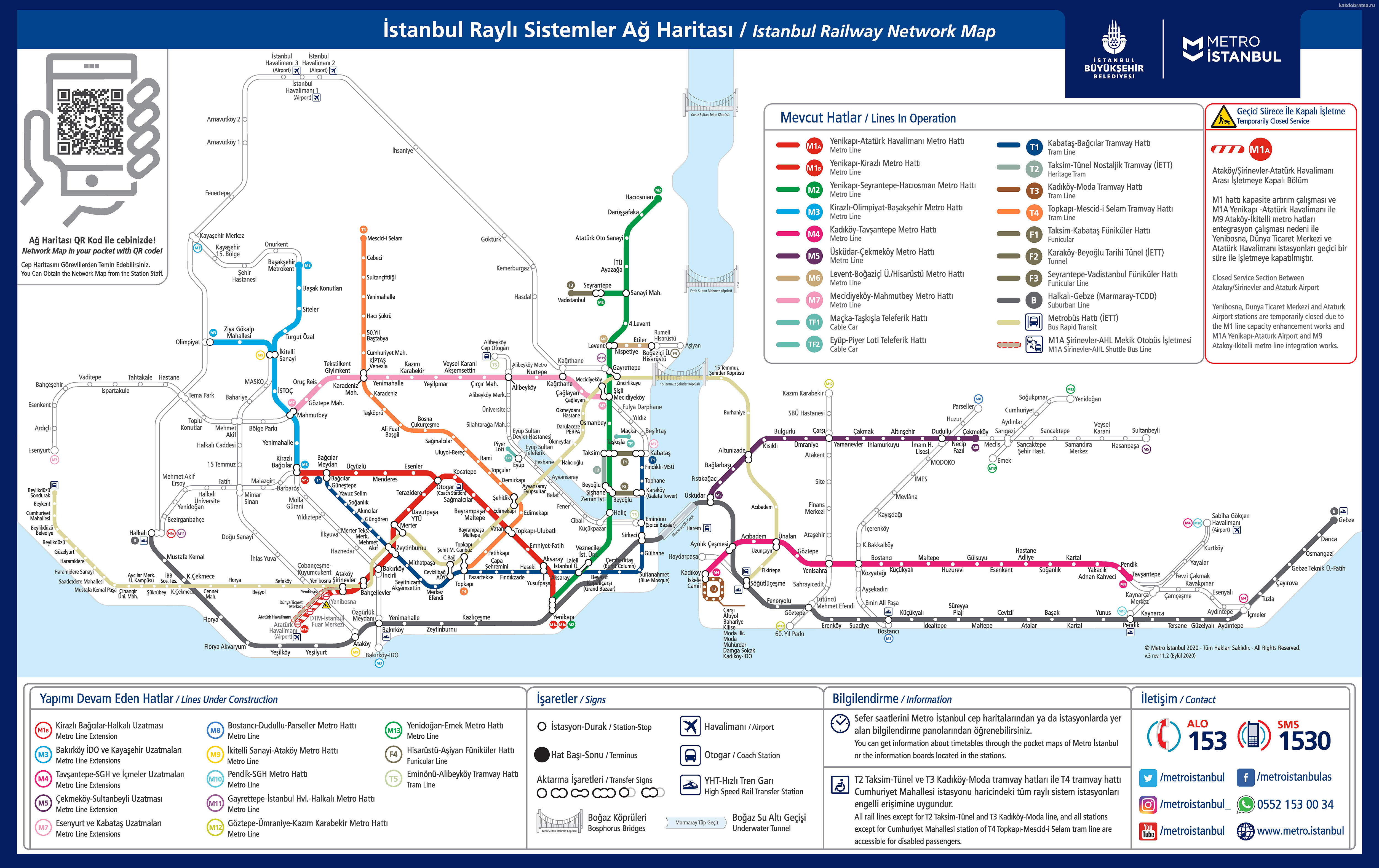 Карта схема метро и трамваев Стамбула со всеми станциями на русском