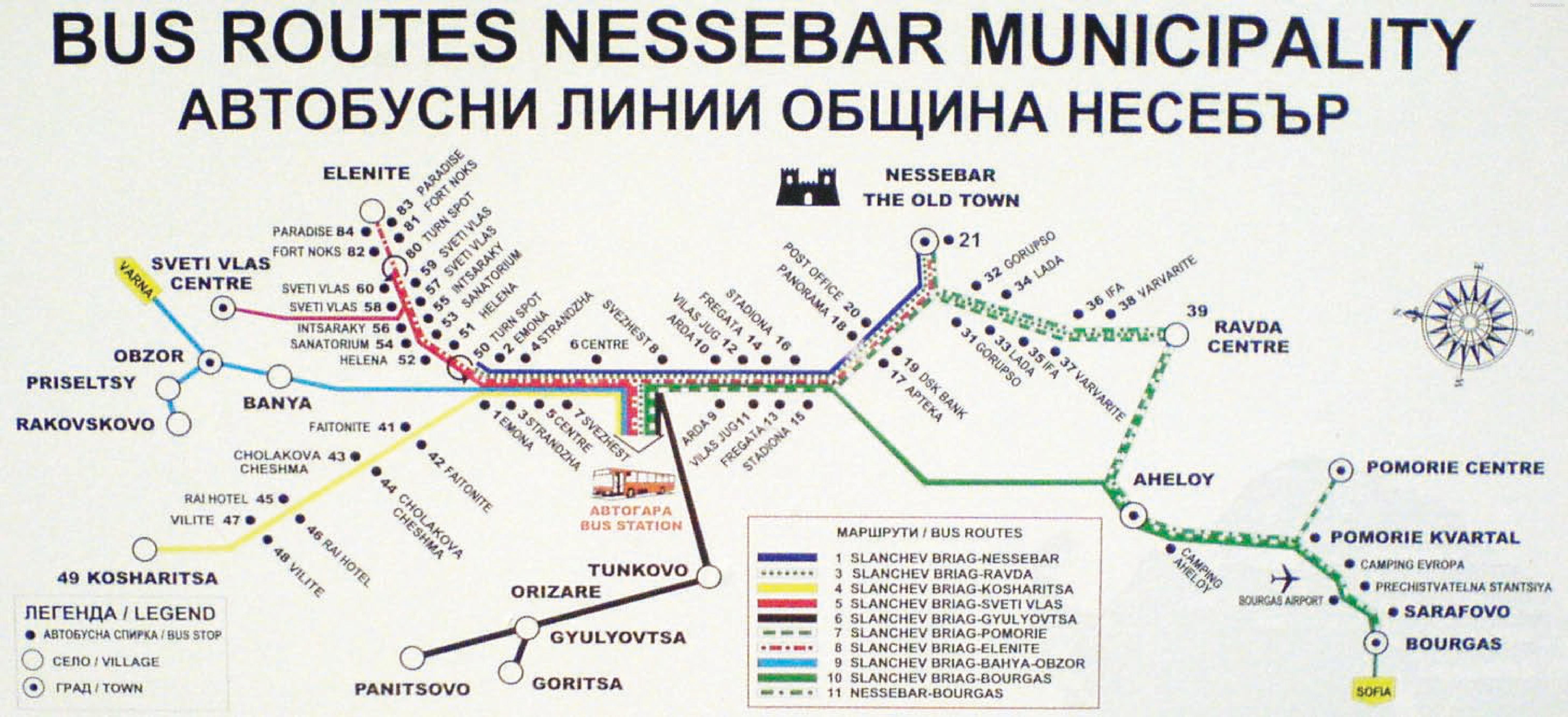 Карта автобусных маршрутов общины Несебр и Солнечный Берег