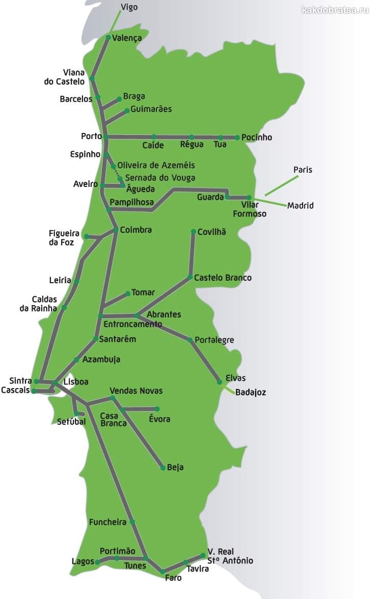 Карта железных дорог и поездов Португалии