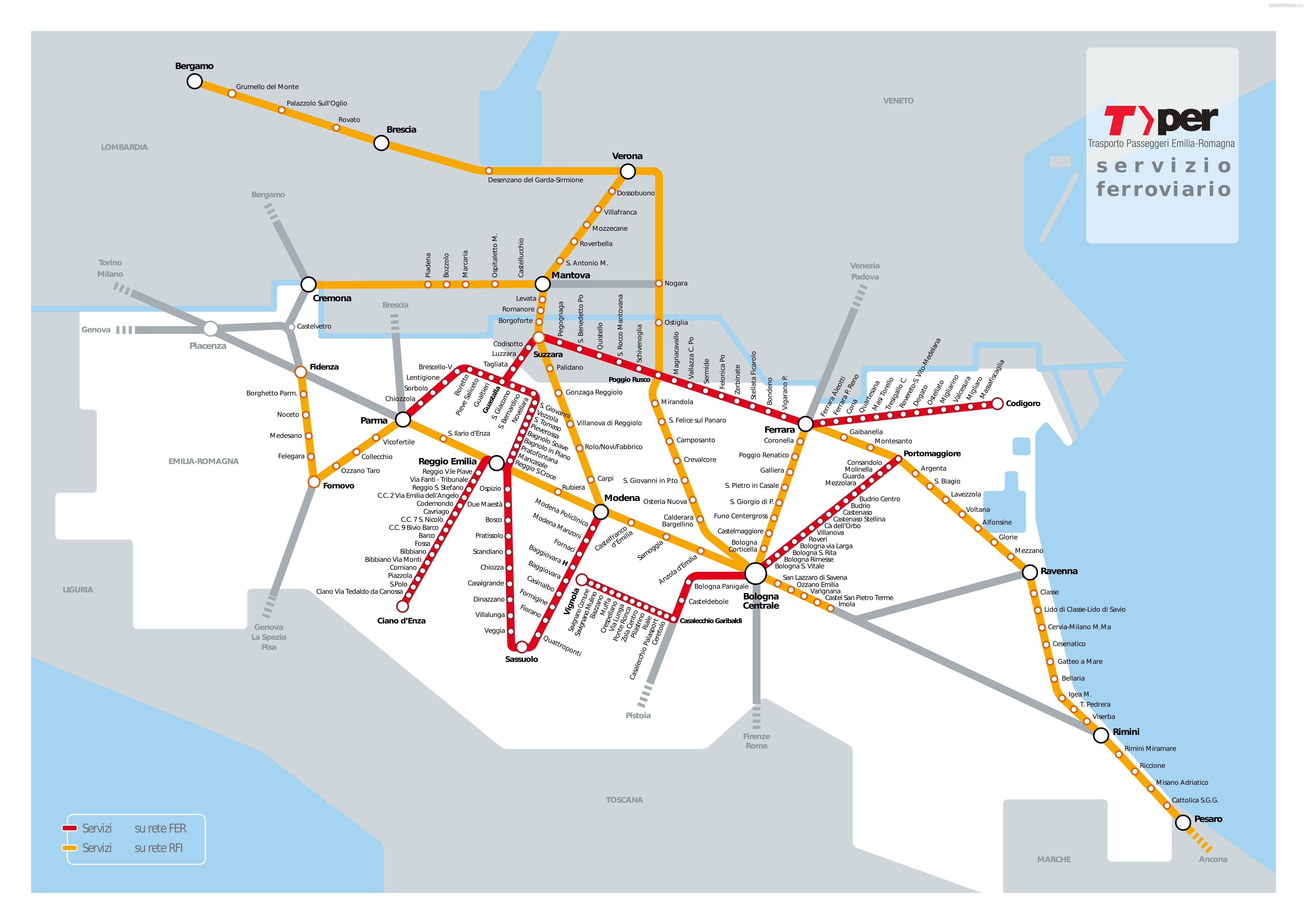 Карта поездов и электричек из Болоньи и Эмилия-Романья