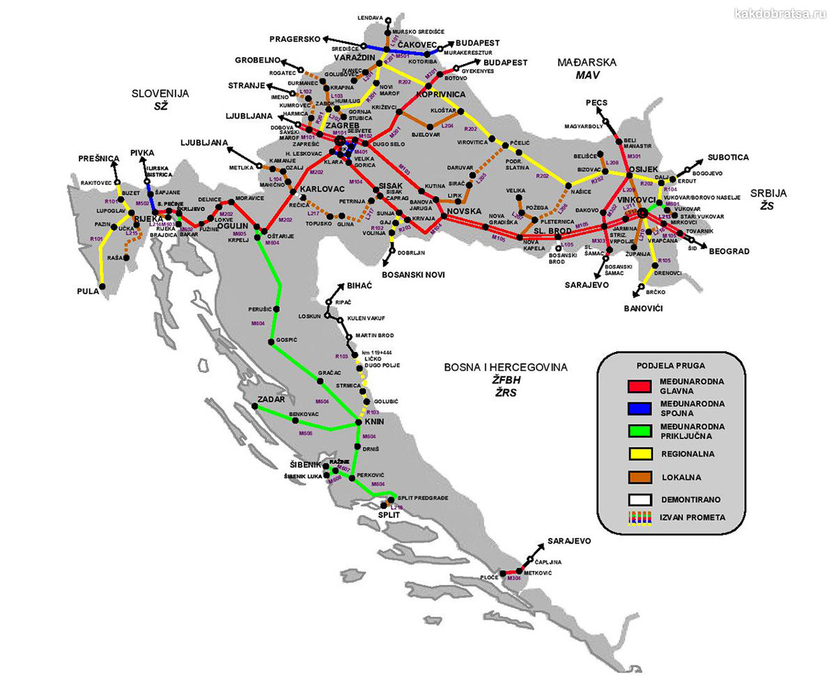 Карта железных дорог и поездов Хорватии