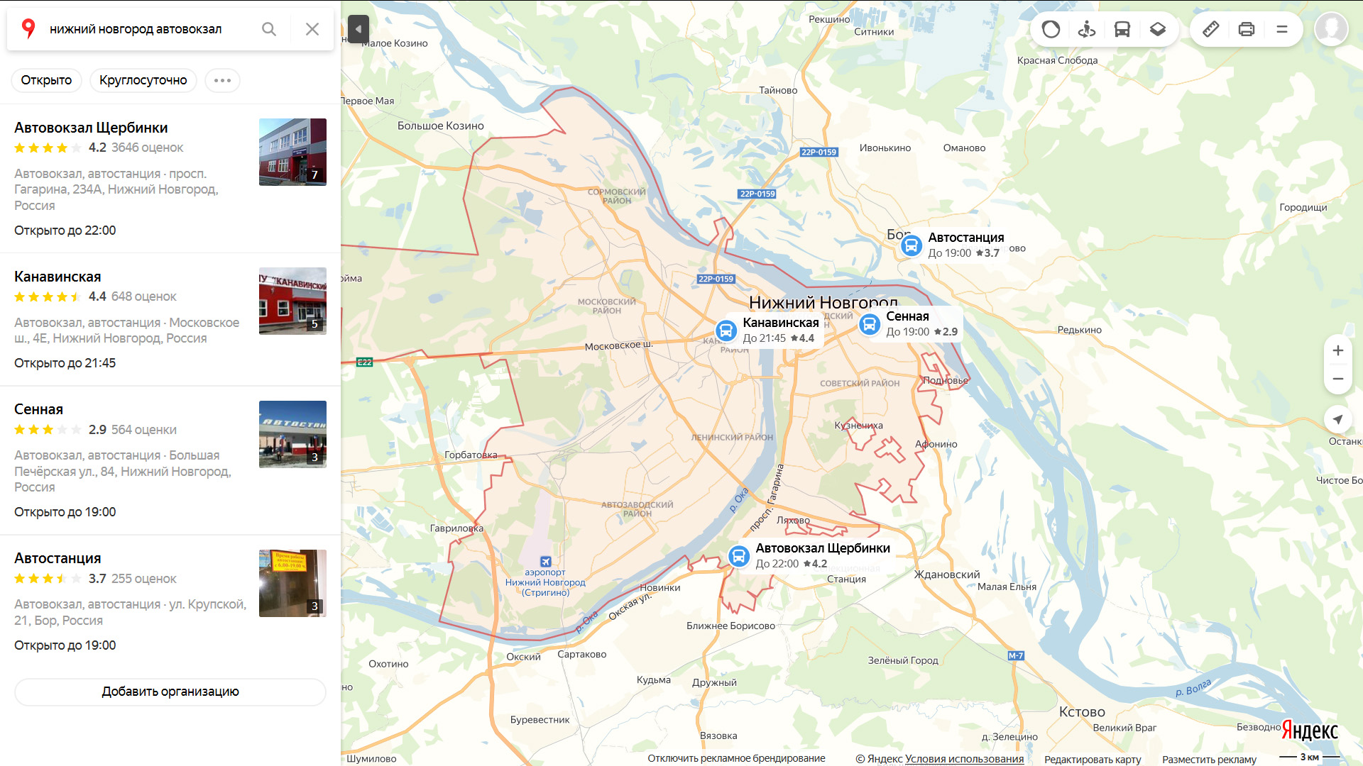Автовокзалы Нижнего Новгорода на карте