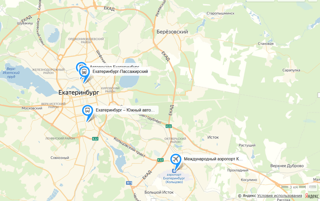Автовокзалы Екатеринбурга Северный и Южный, ЖД вокзал и аэропорт на карт