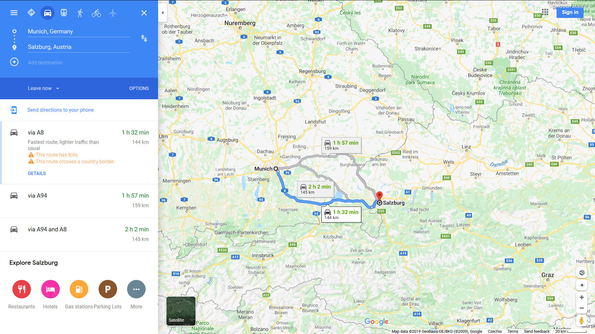 Из Мюнхена в Зальцбург время в пути и карта