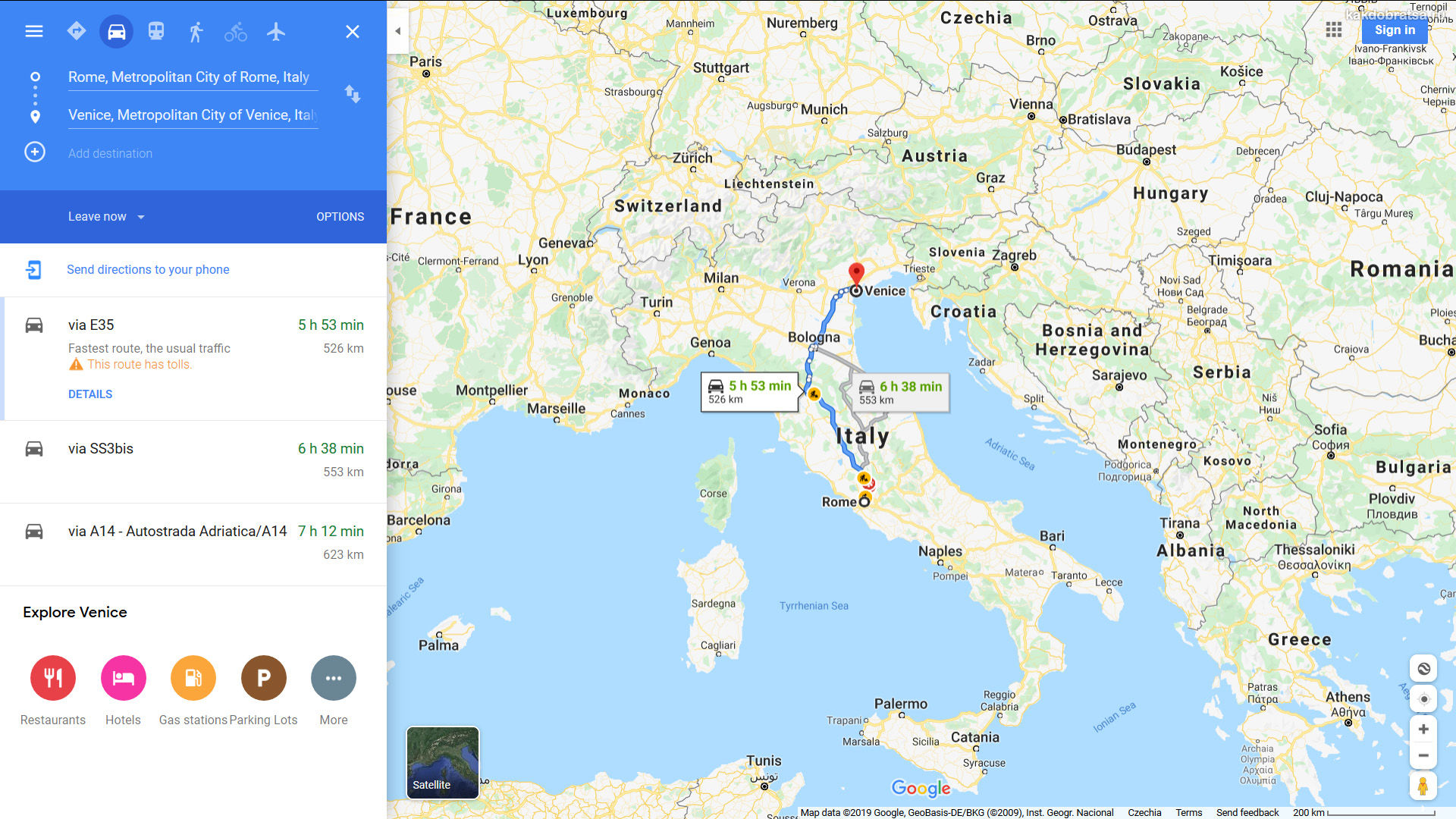 Из Рима в Венецию карта, расстояние и время в пути