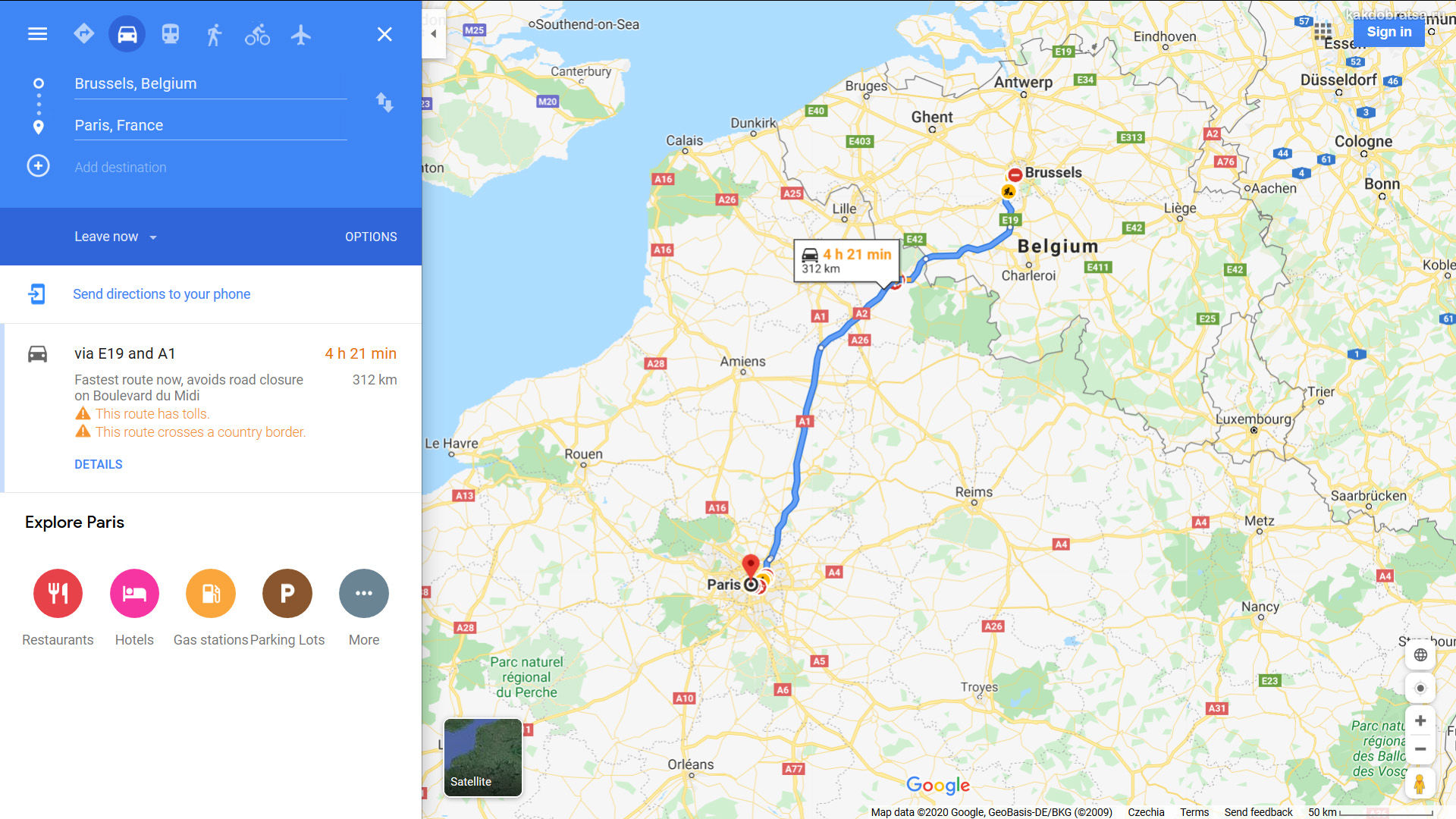 Из Брюсселя в Париж карта, расстояние и время в пути