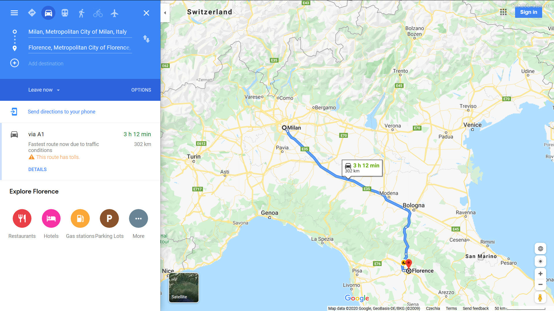 Из Милана во Флоренцию карта, расстояние и время в пути
