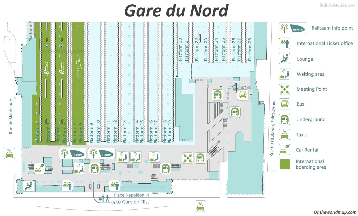 Северный вокзал в Париже карта схема платформ