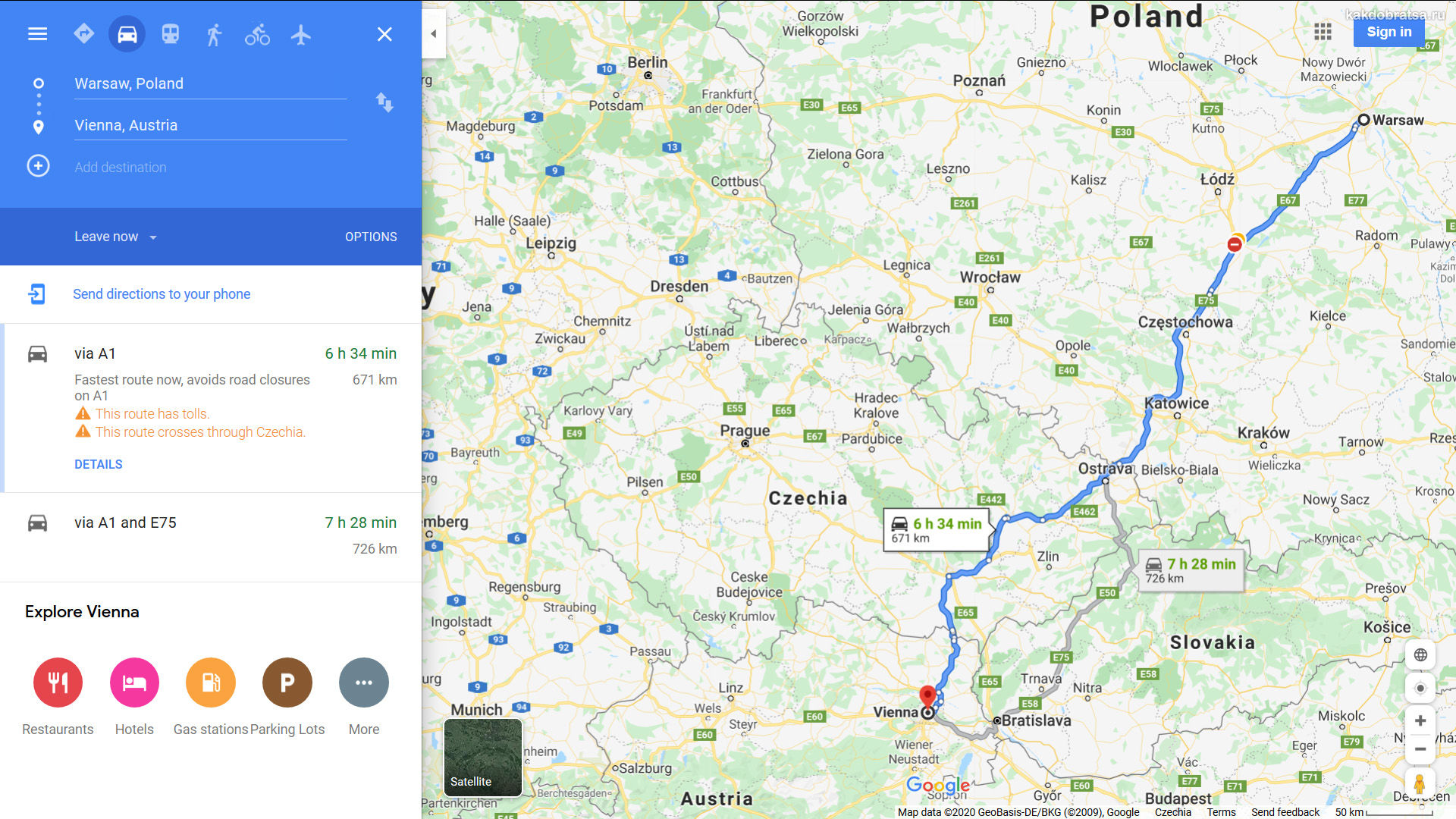 Из Варшавы в Вену расстояние и время в пути на карте