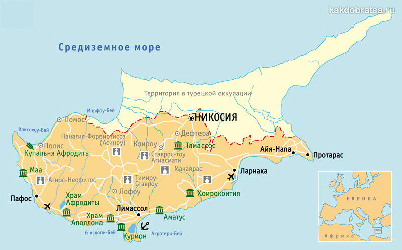 Карта Кипра с городами, аэропортами и курортами