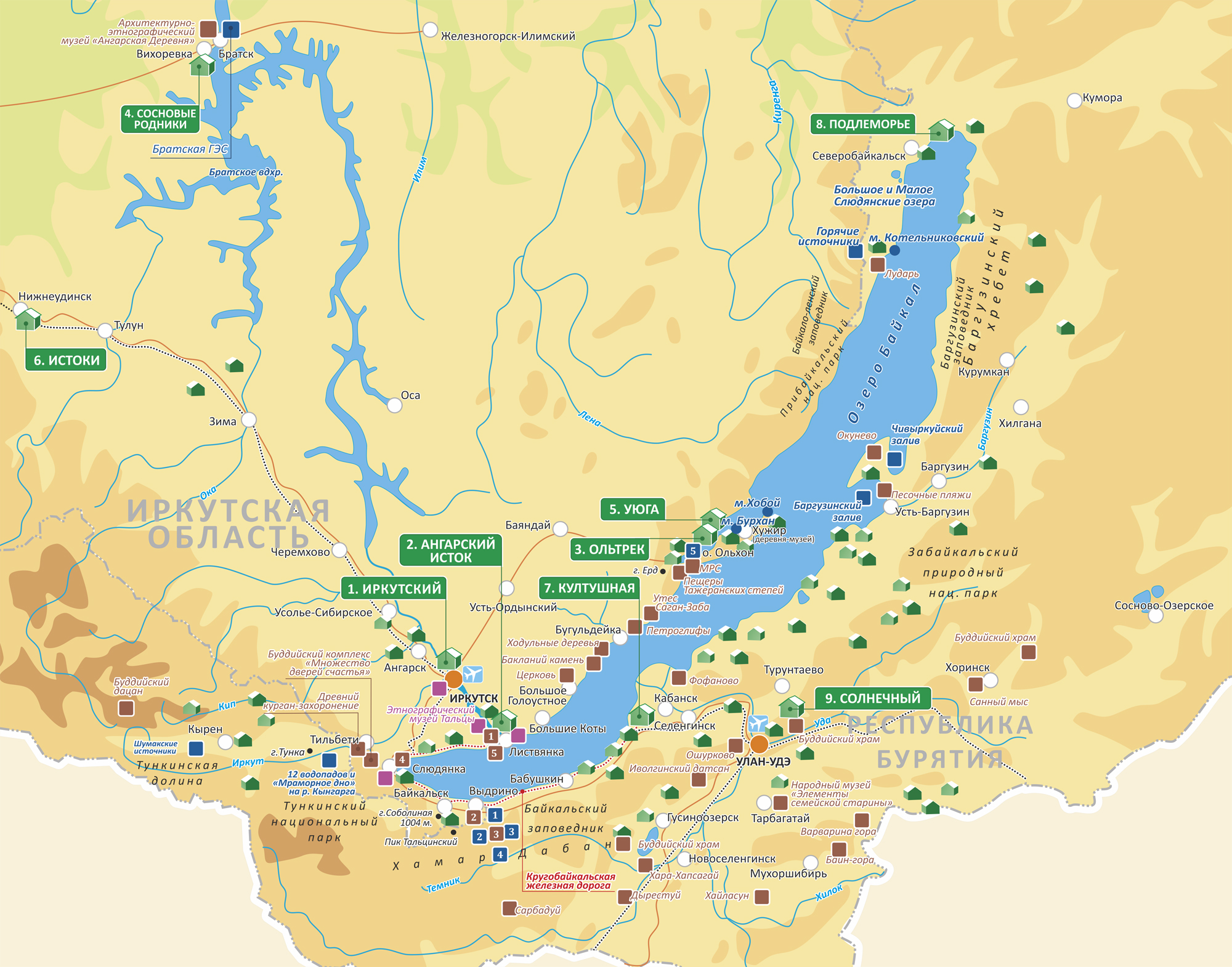 Байкал карта городов, достопримечательностей, маршрут интересных мест