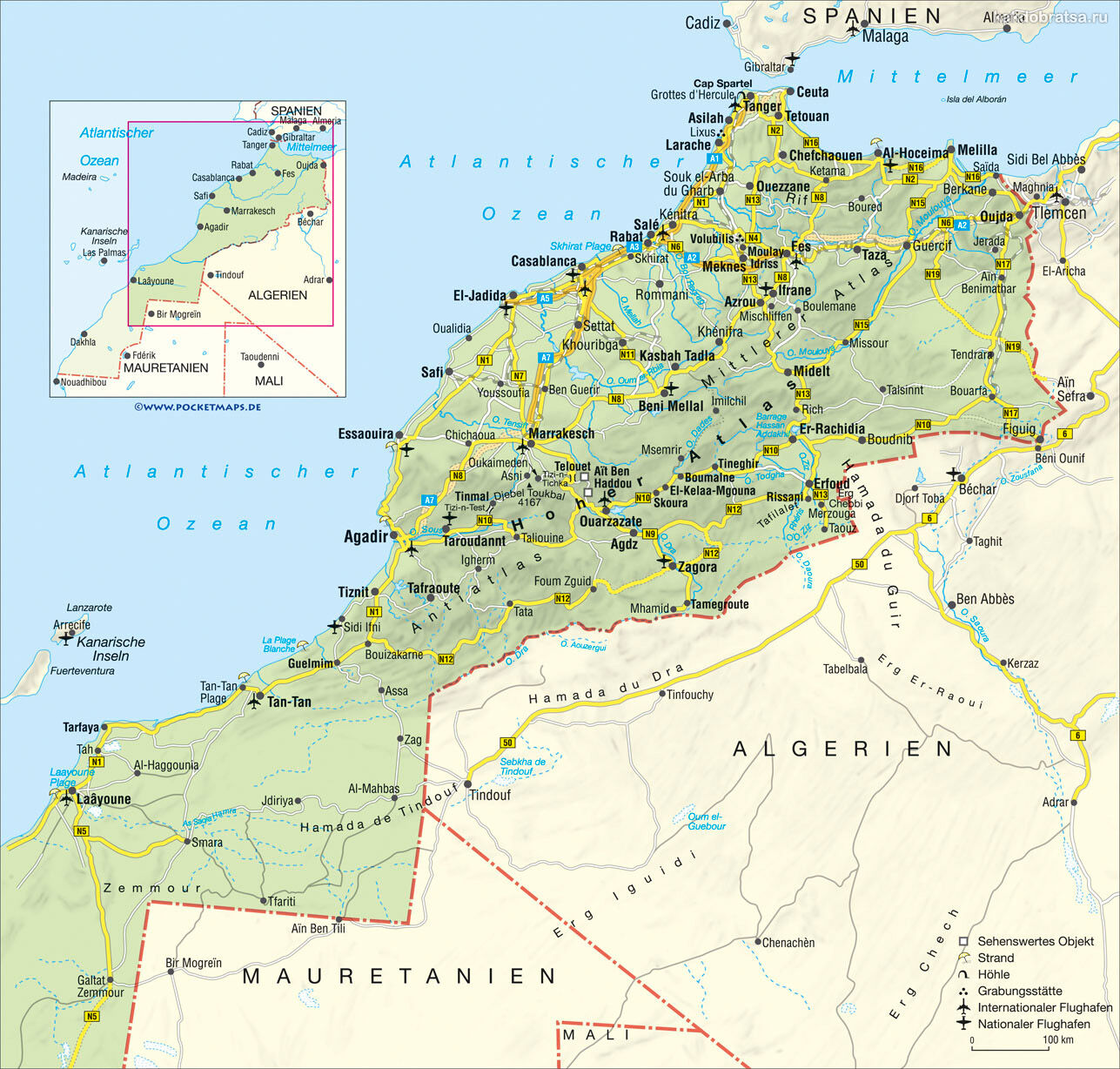 Карта Марокко с аэропортами и крупными городами
