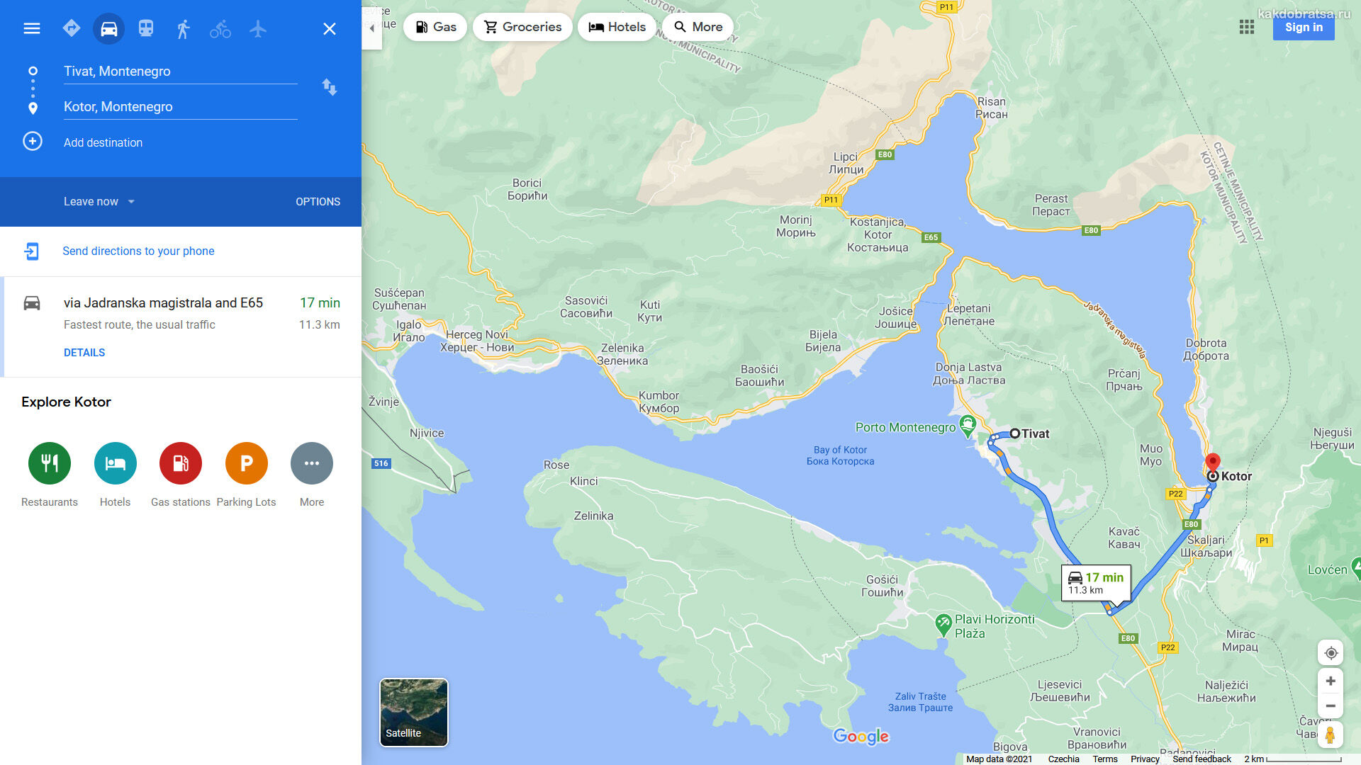 Расстояние между Тиватом и Котором по карте и время в пути