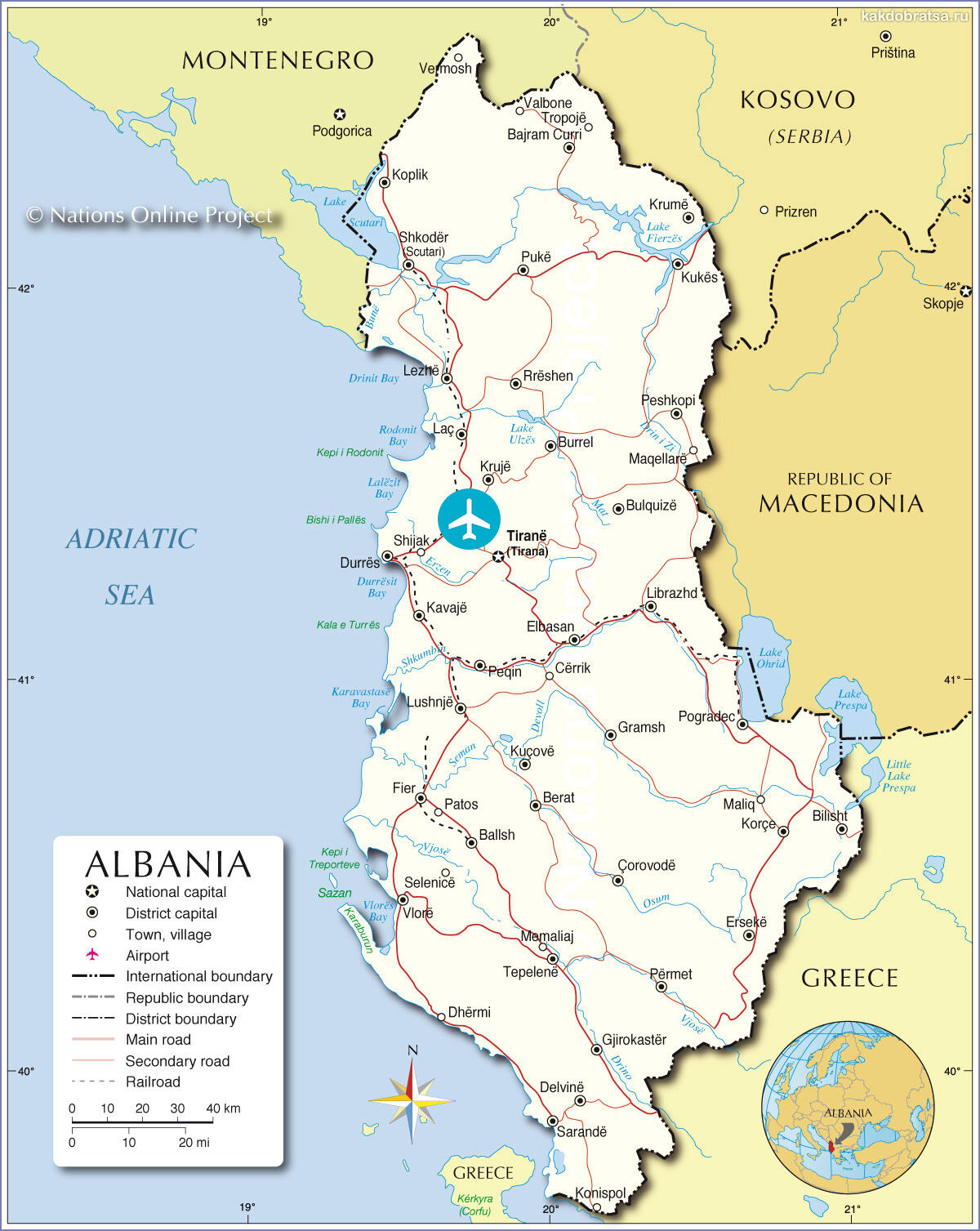 Карта Албании с городами, курортами и аэропортом