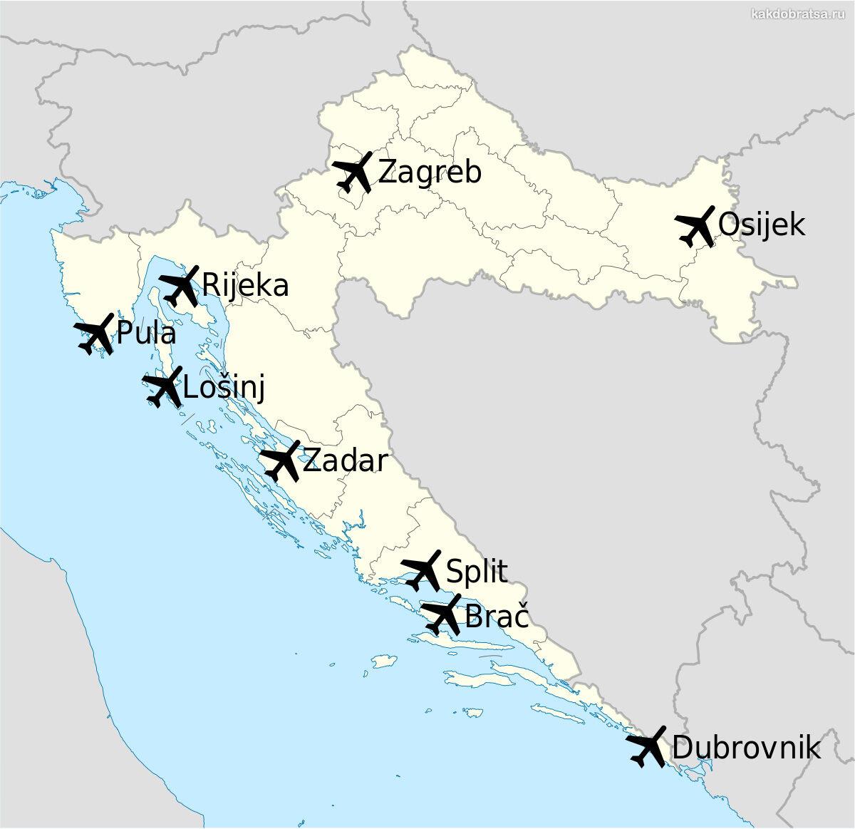 Все аэропорты Хорватии на карте на русском языке
