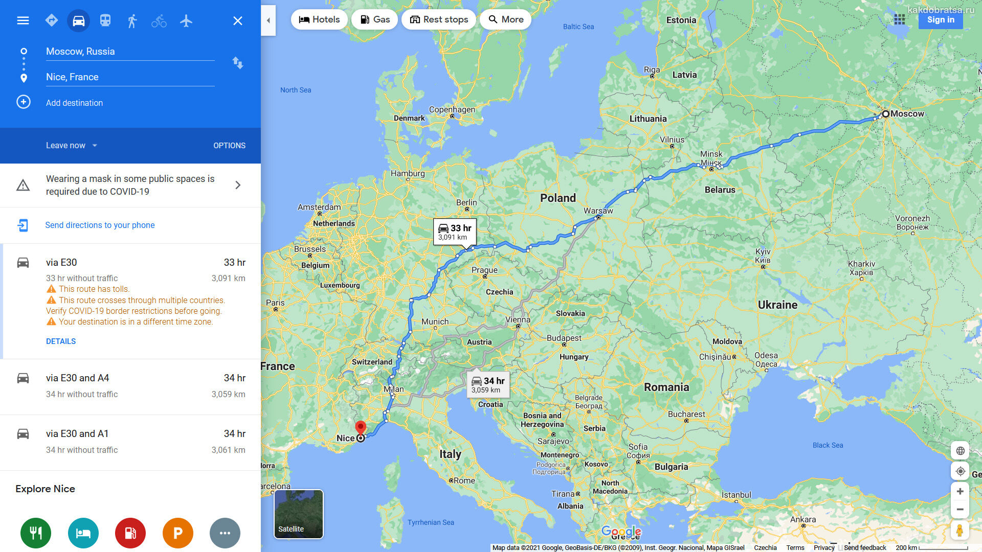 Расстояние между Москвой и Ниццей и путь по карте