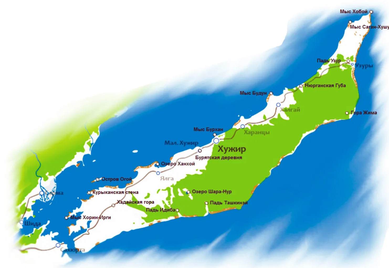 Карта городов и интересных мест острова Ольхон