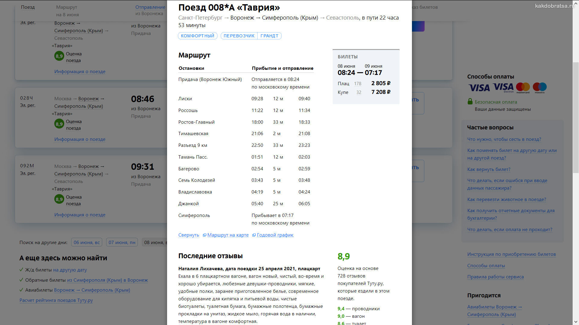 Расписание поезда из Воронежа в Крым