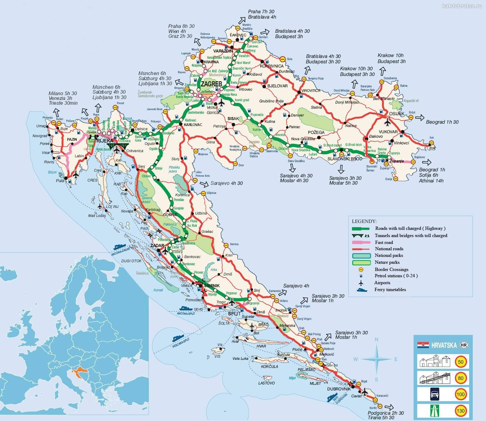Карта автомобильных дорог Хорватии
