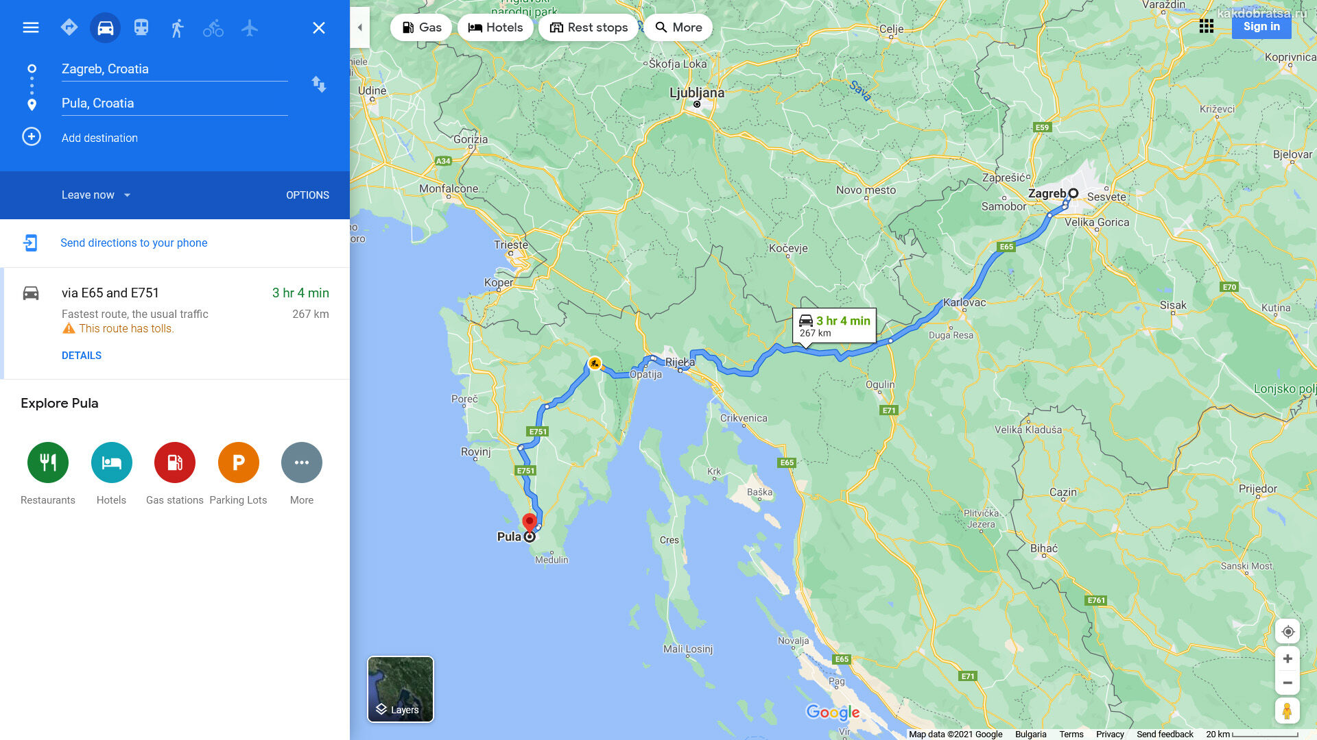 Расстояние между Загребом и Пулой по карте