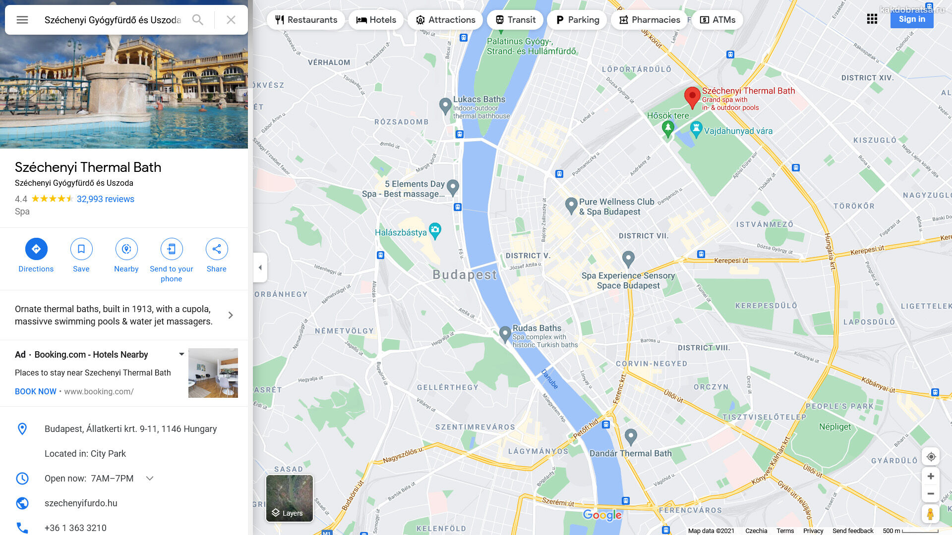 Где находятся купальни Сечени в Будапеште точка на карте и адрес