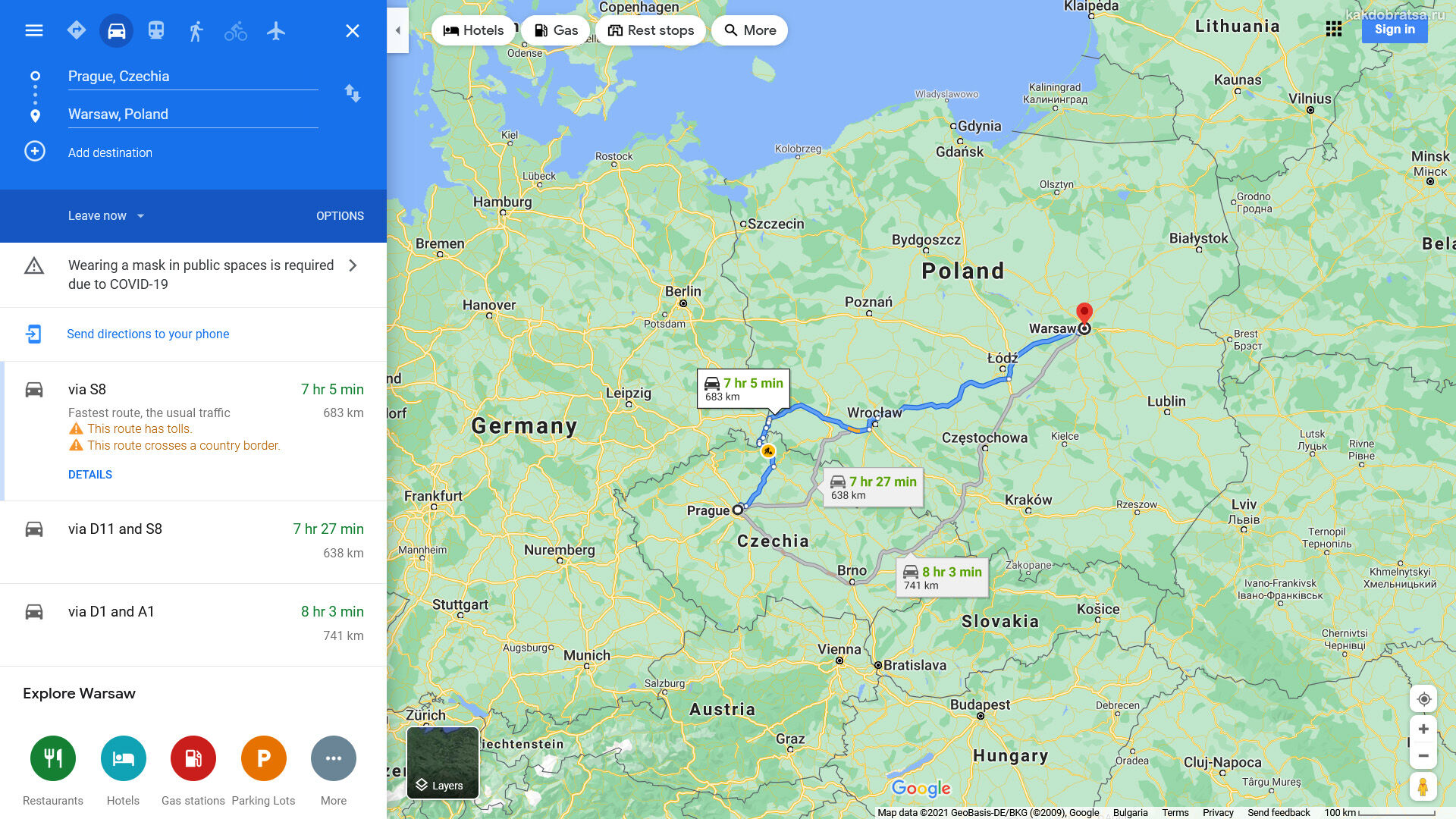 Расстояние между Варшавой и Прагой путь по карте