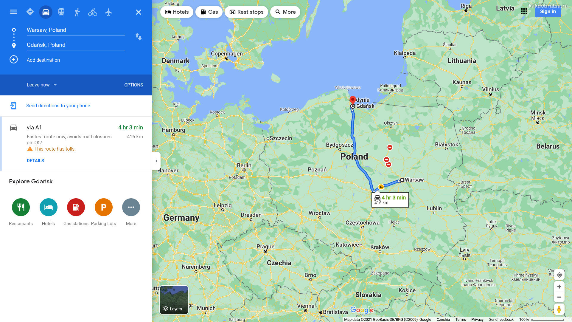 Расстояние между Варшавой и Гданьском и путь по карте