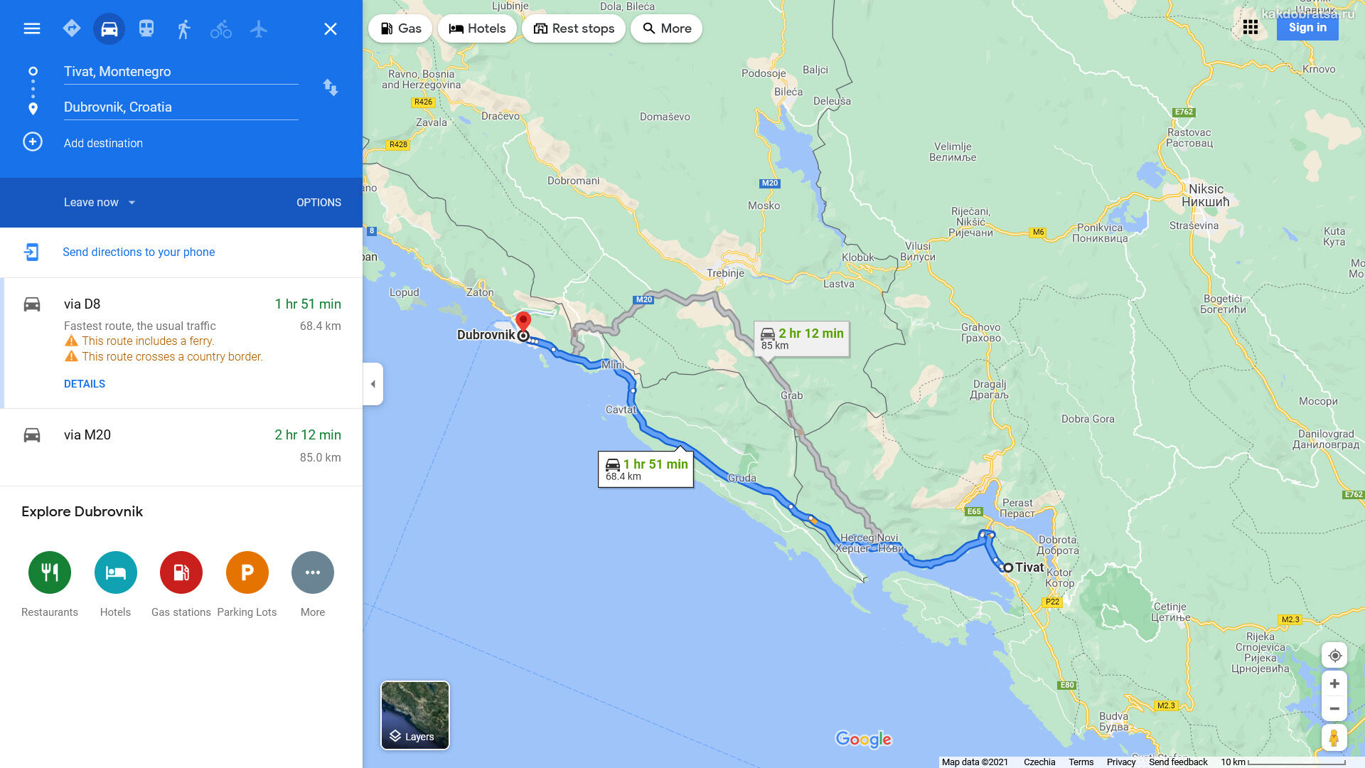 Расстояние между Дубровником и Тиватом и путь по карте
