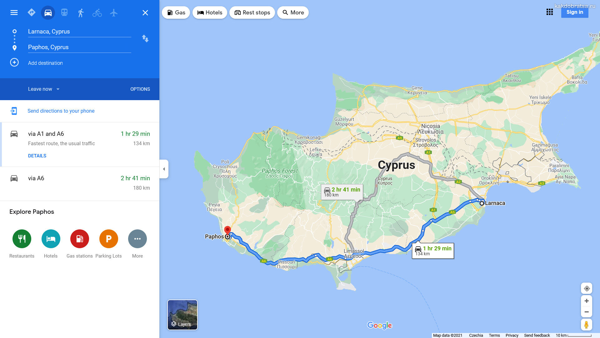 Расстояние между Ларнакой и Пафосом по карте