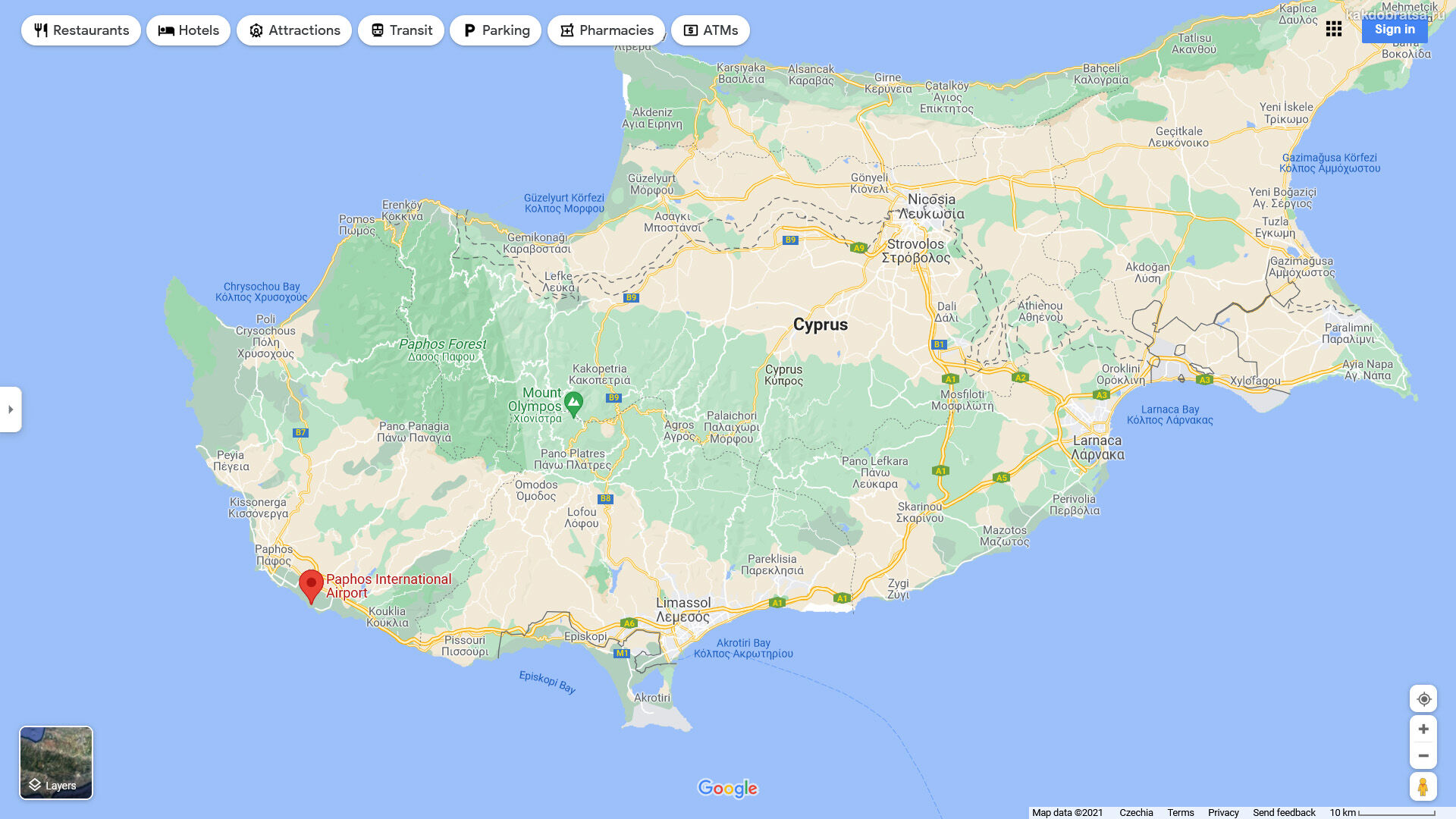 Расположение аэропорта Пафоса на карте