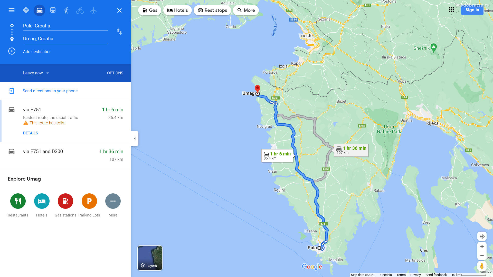 Расстояние между Пулой и Умагом по карте
