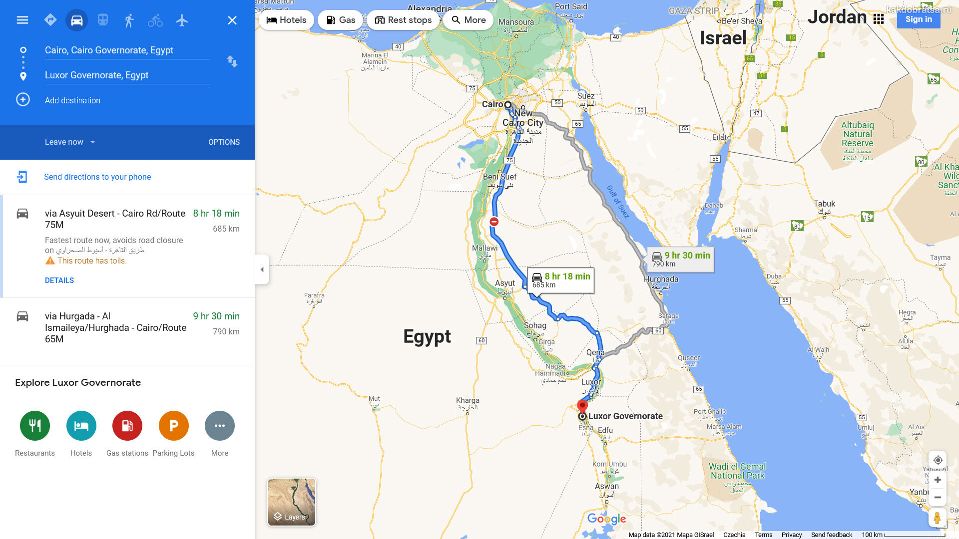 Расстояние между Каиром и Луксором на карте