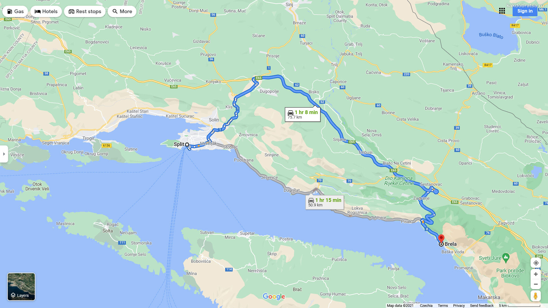 Расстояние между Сплитом и Брелой по карте