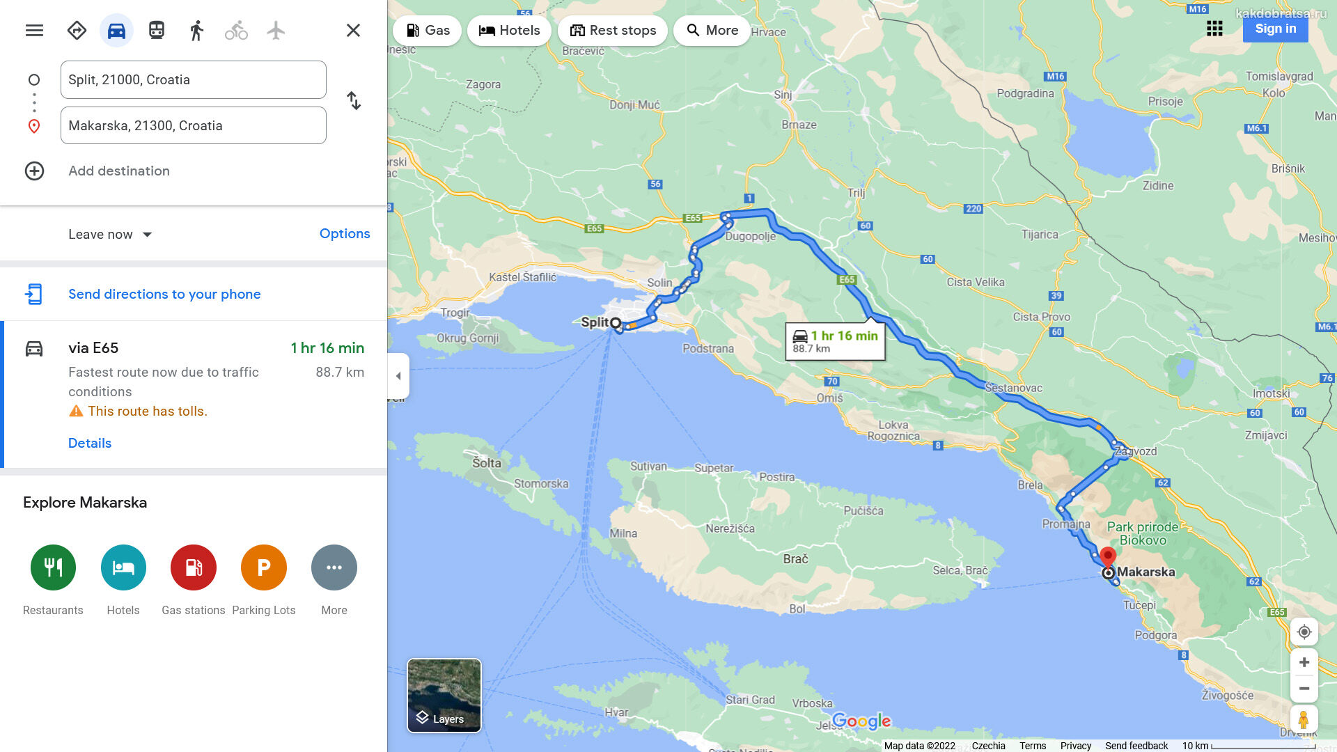 Расстояние Сплит – Макарска путь по карте