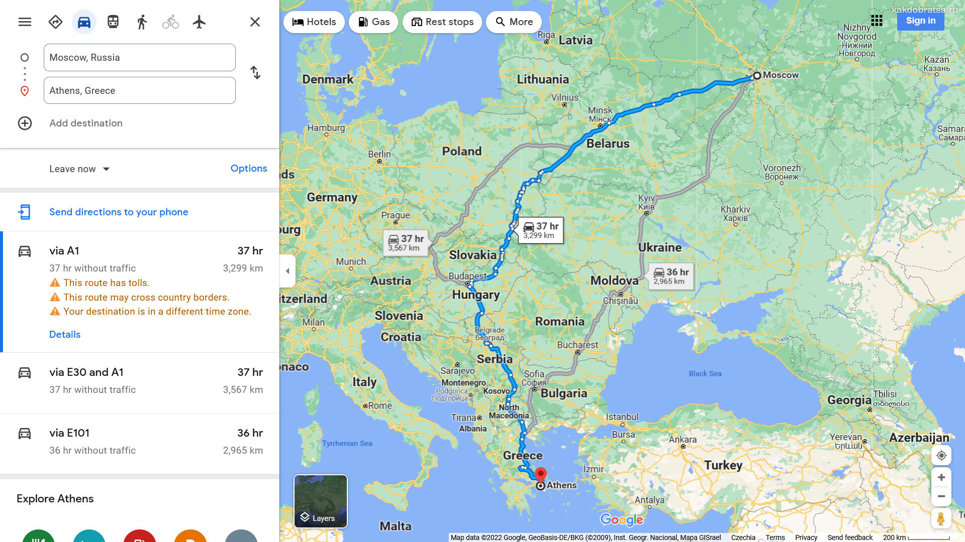 Расстояние между Москвой и Грецией по карте