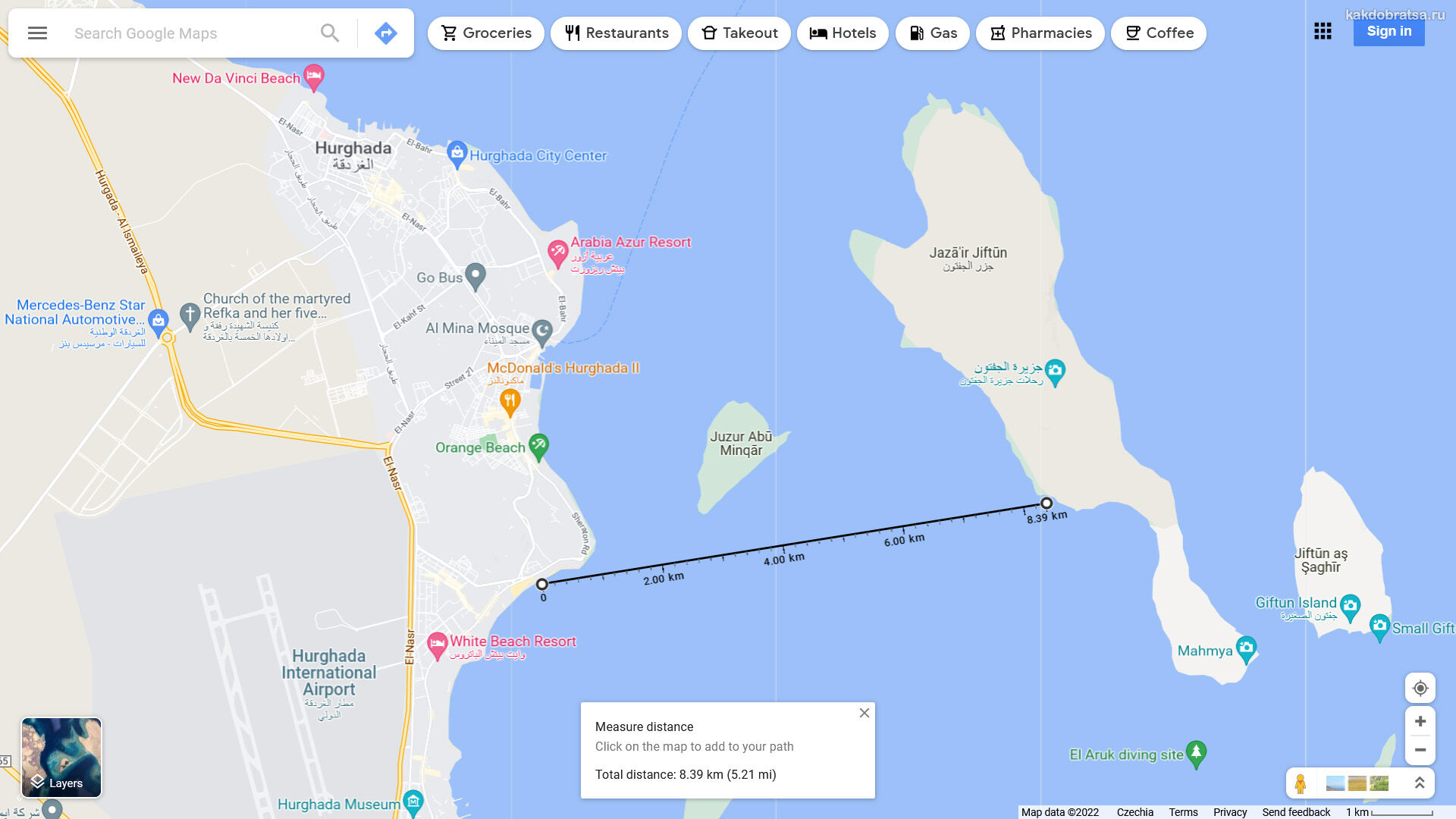 Расстояние по карте между Хургадой и Оранжевым островом