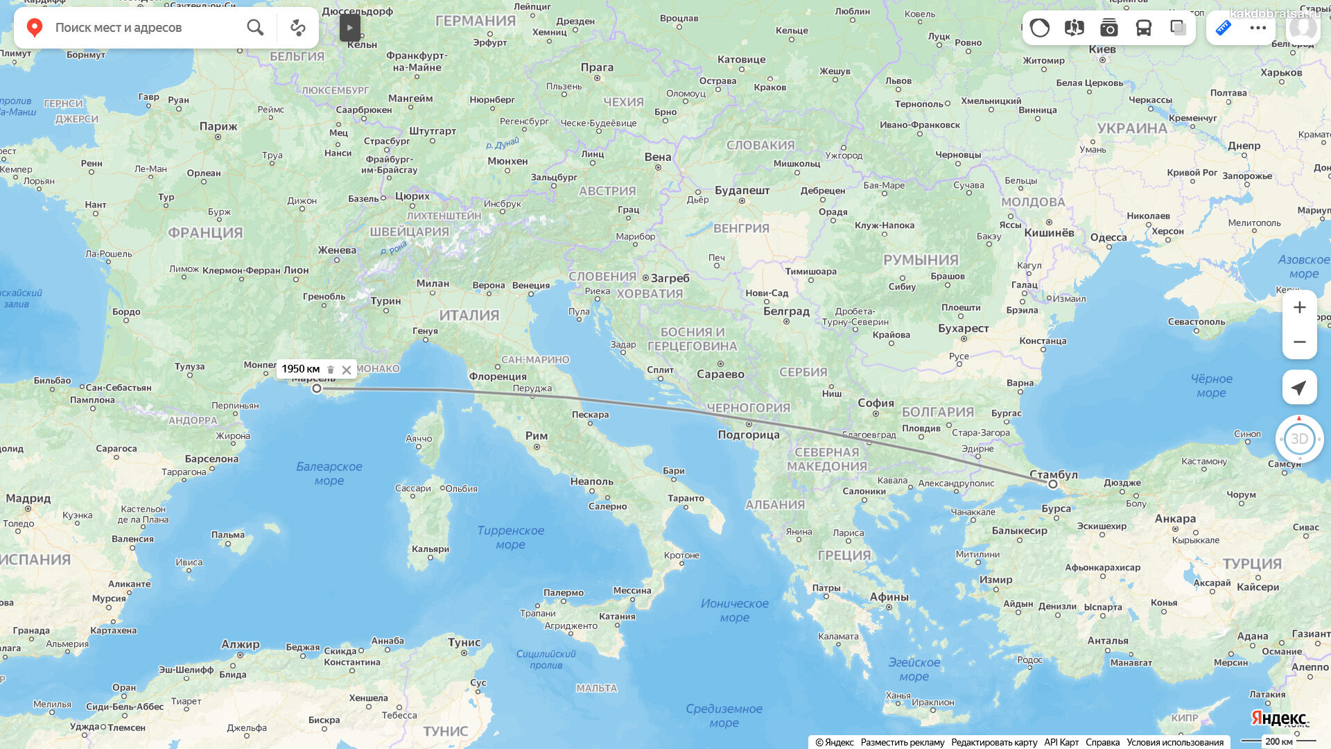 Расстояние между Стамбулом и Марселем по карте через море