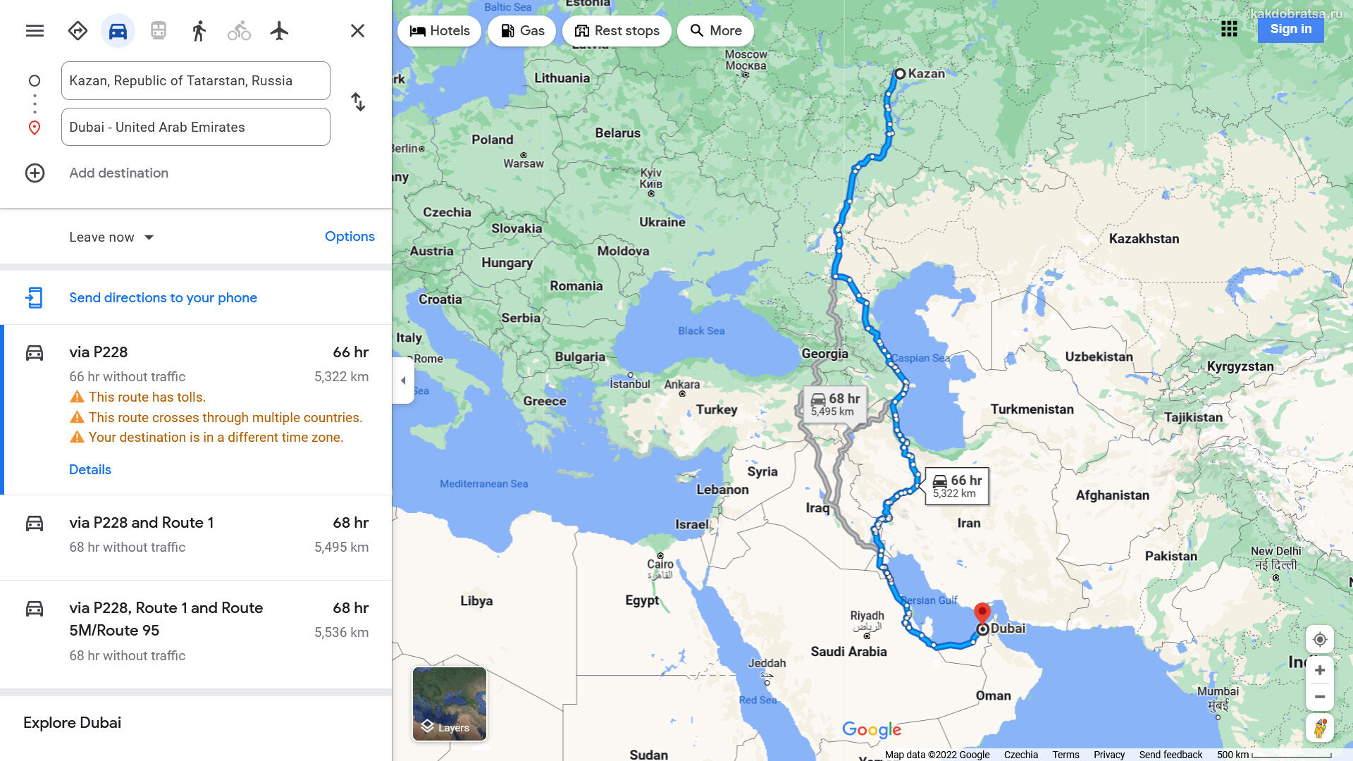 Расстояние между Казанью и Дубаем по карте