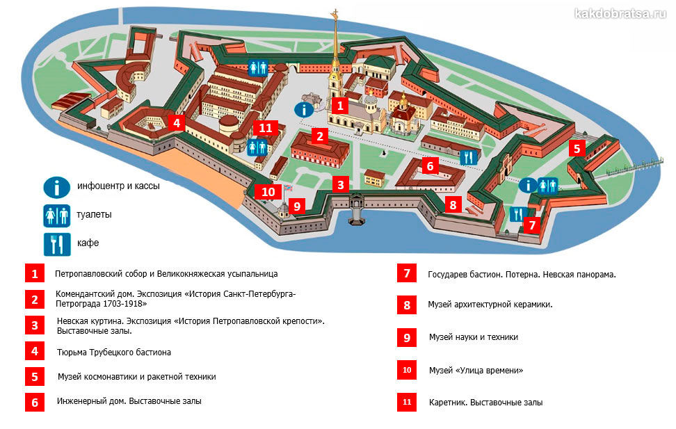 Достопримечательности Петропавловской крепости на карте