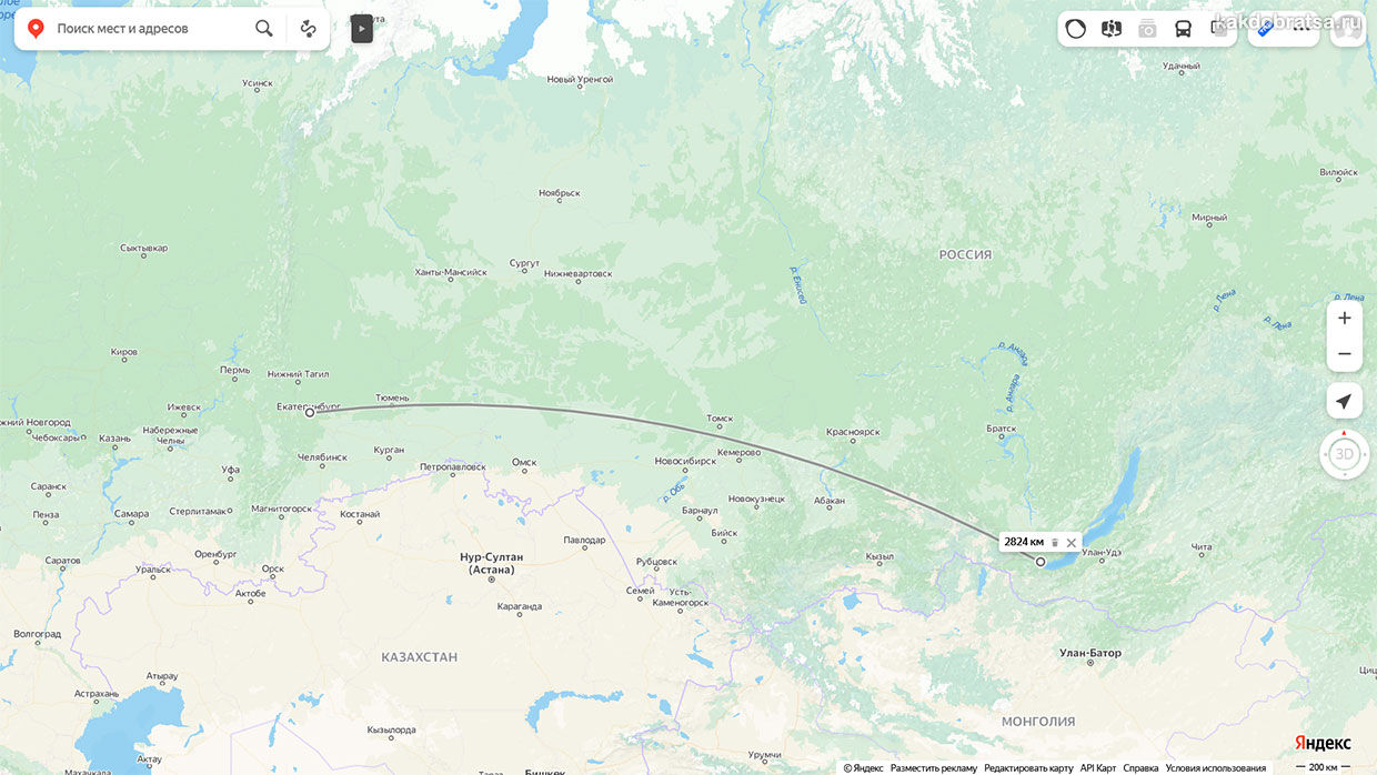 Расстояние между Байкалом и Екатеринбургом на карте