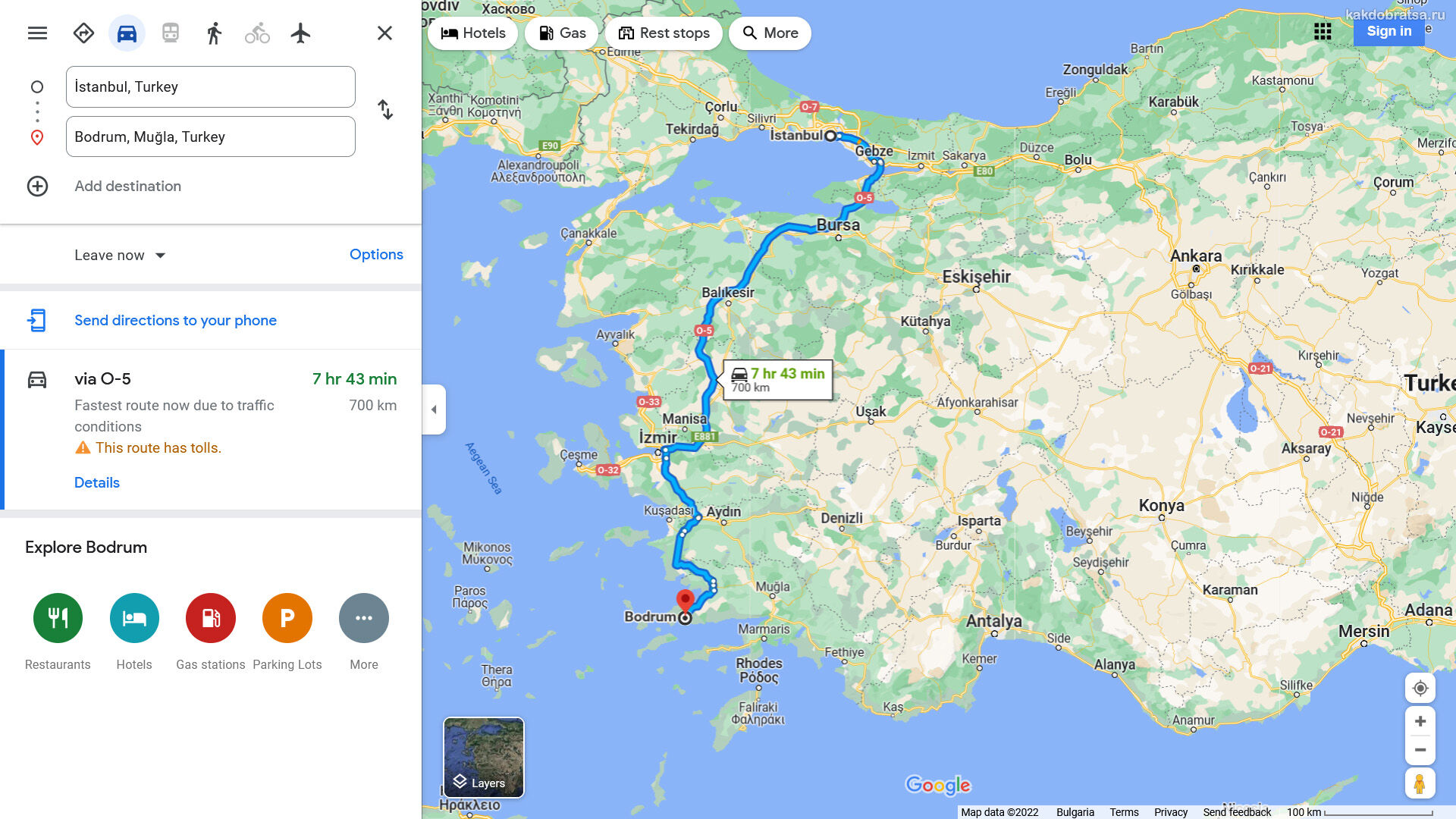 Расстояние между Стамбулом и Бодрумом по карте