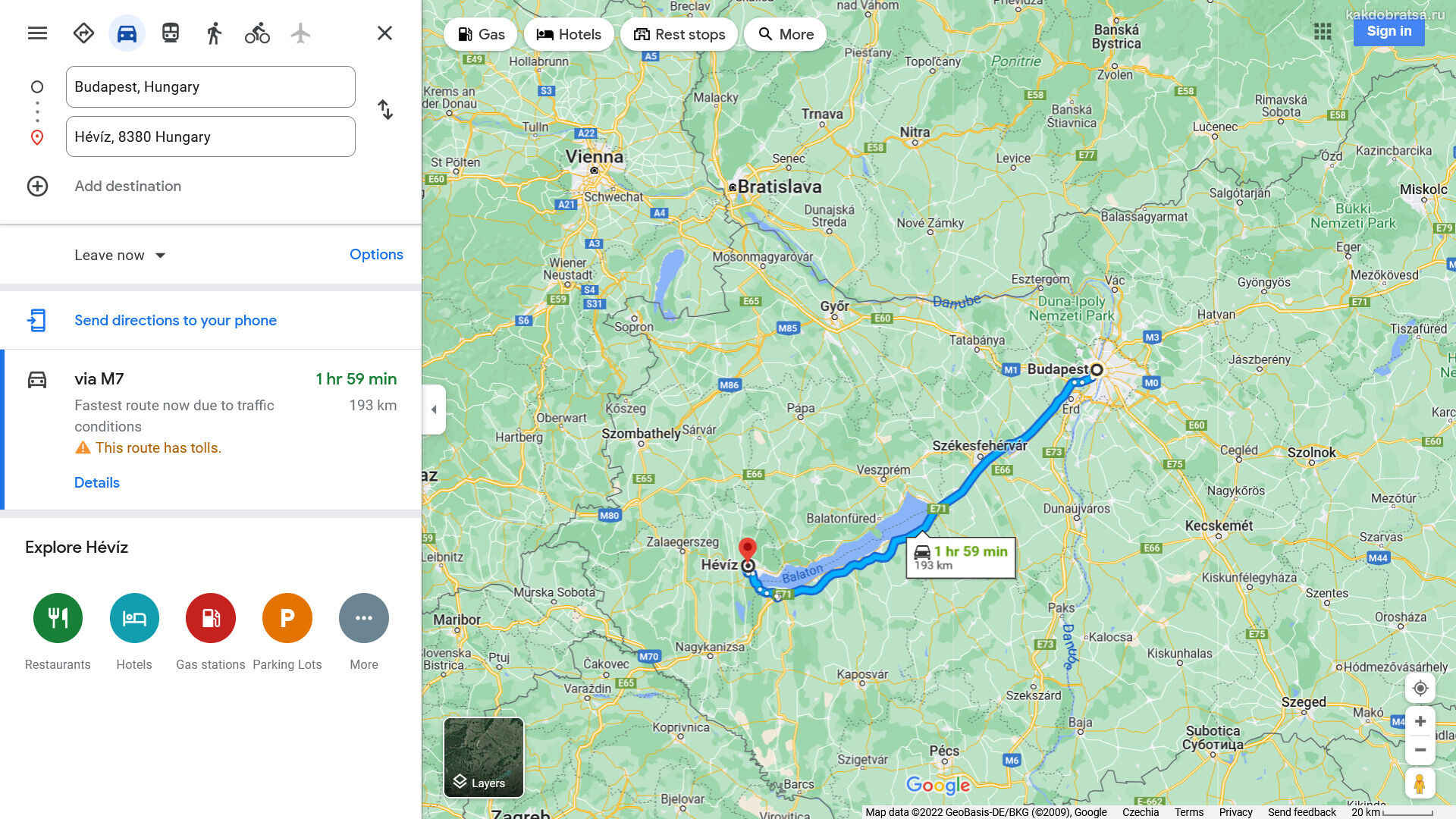 Расстояние между Будапештом и Хевизом на карте