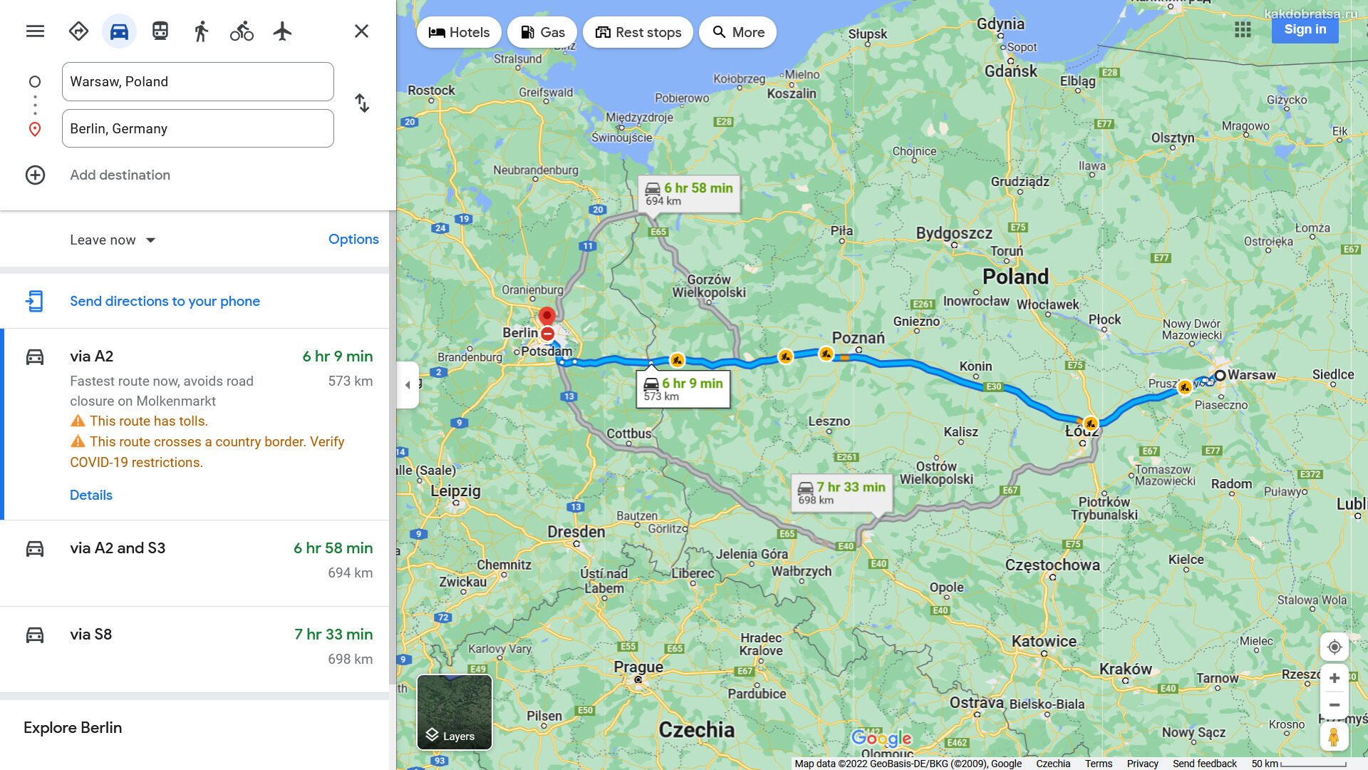 Расстояние между Берлином и Варшавой и путь по карте