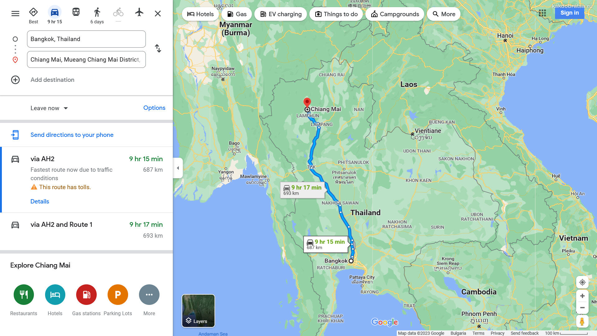 Расстояние Бангкок Чиангмай по карте в км