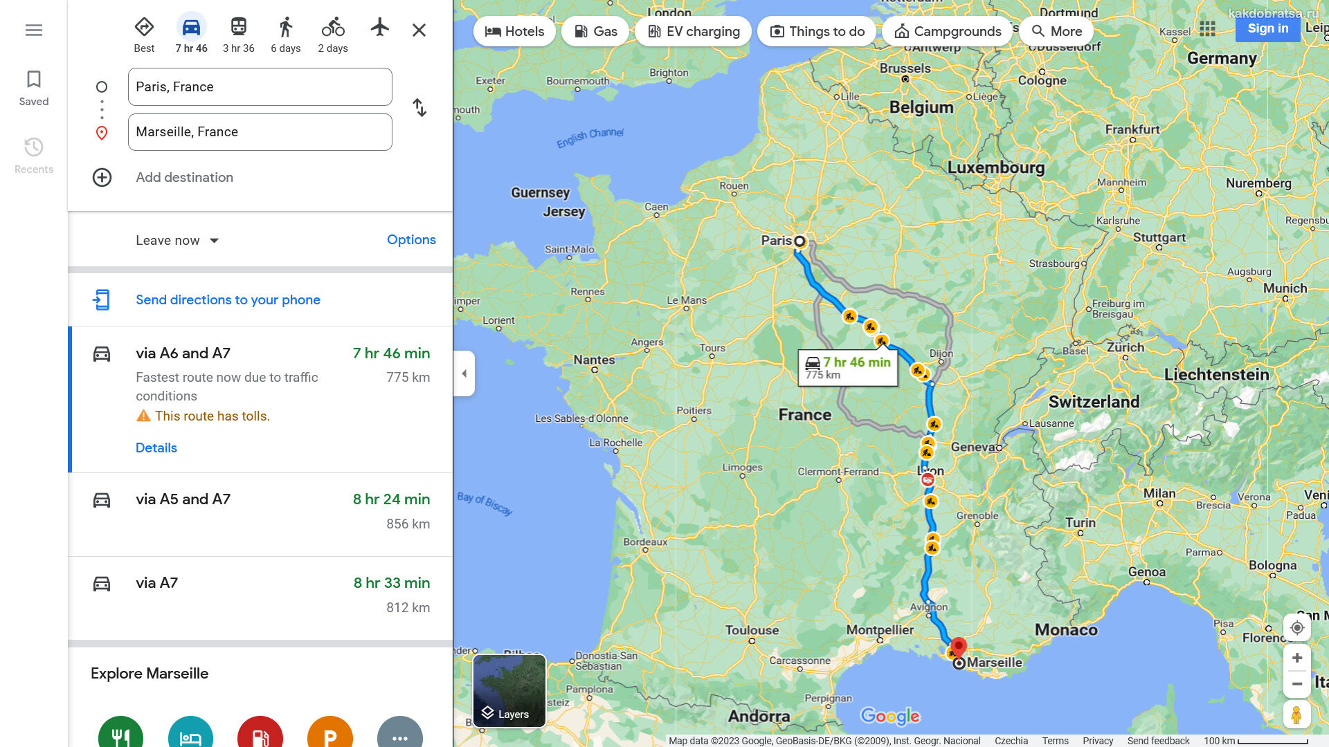 Расстояние Париж Марсель по карте в км
