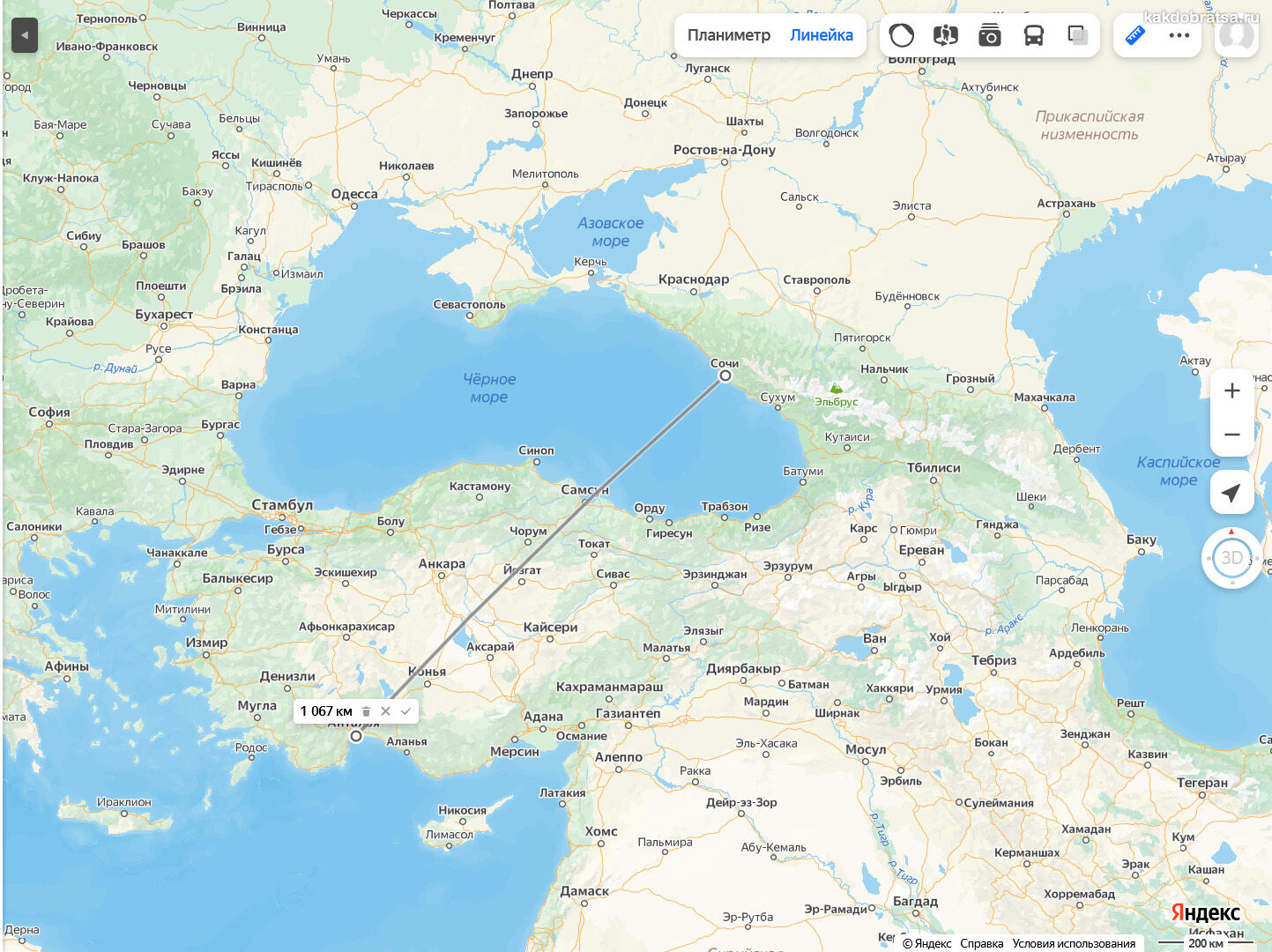 Расстояние между Сочи и Анталией по карте в км