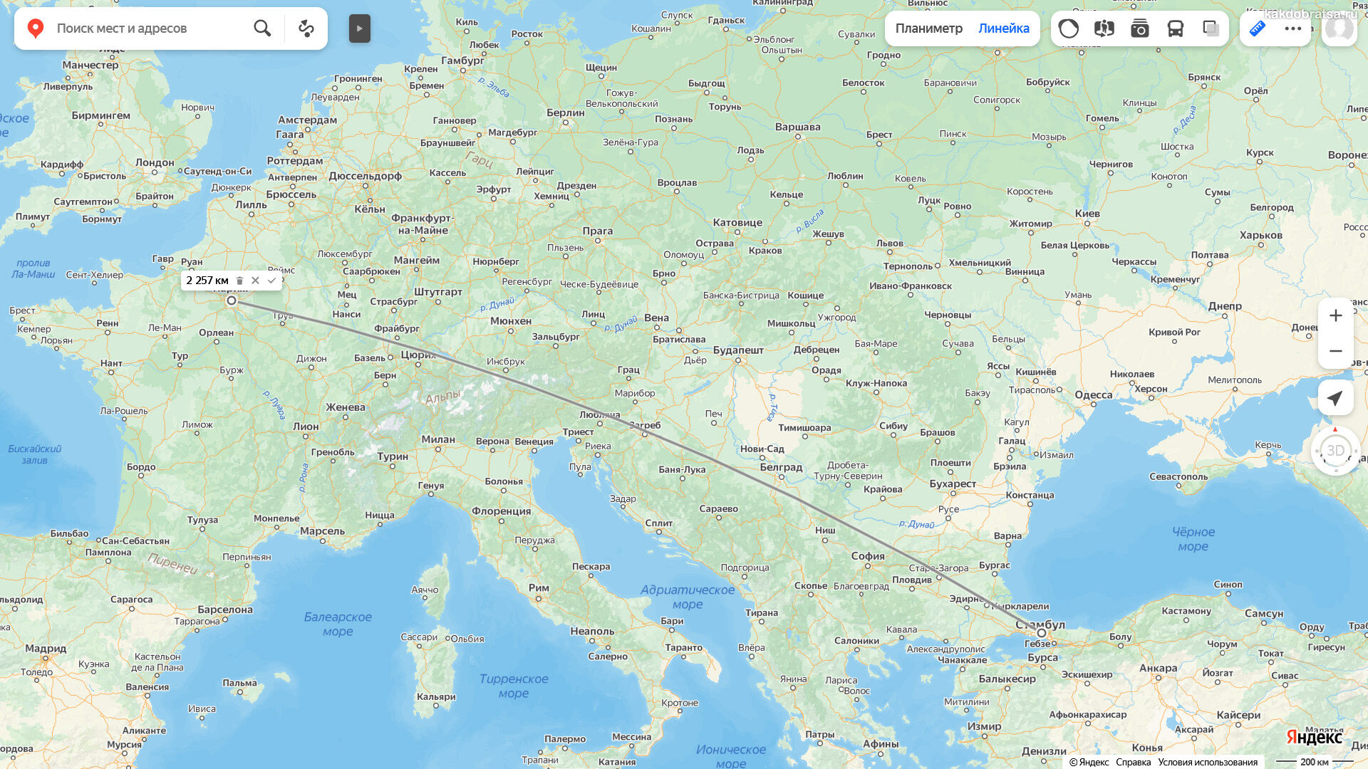 Расстояние между Стамбулом и Парижем по карте