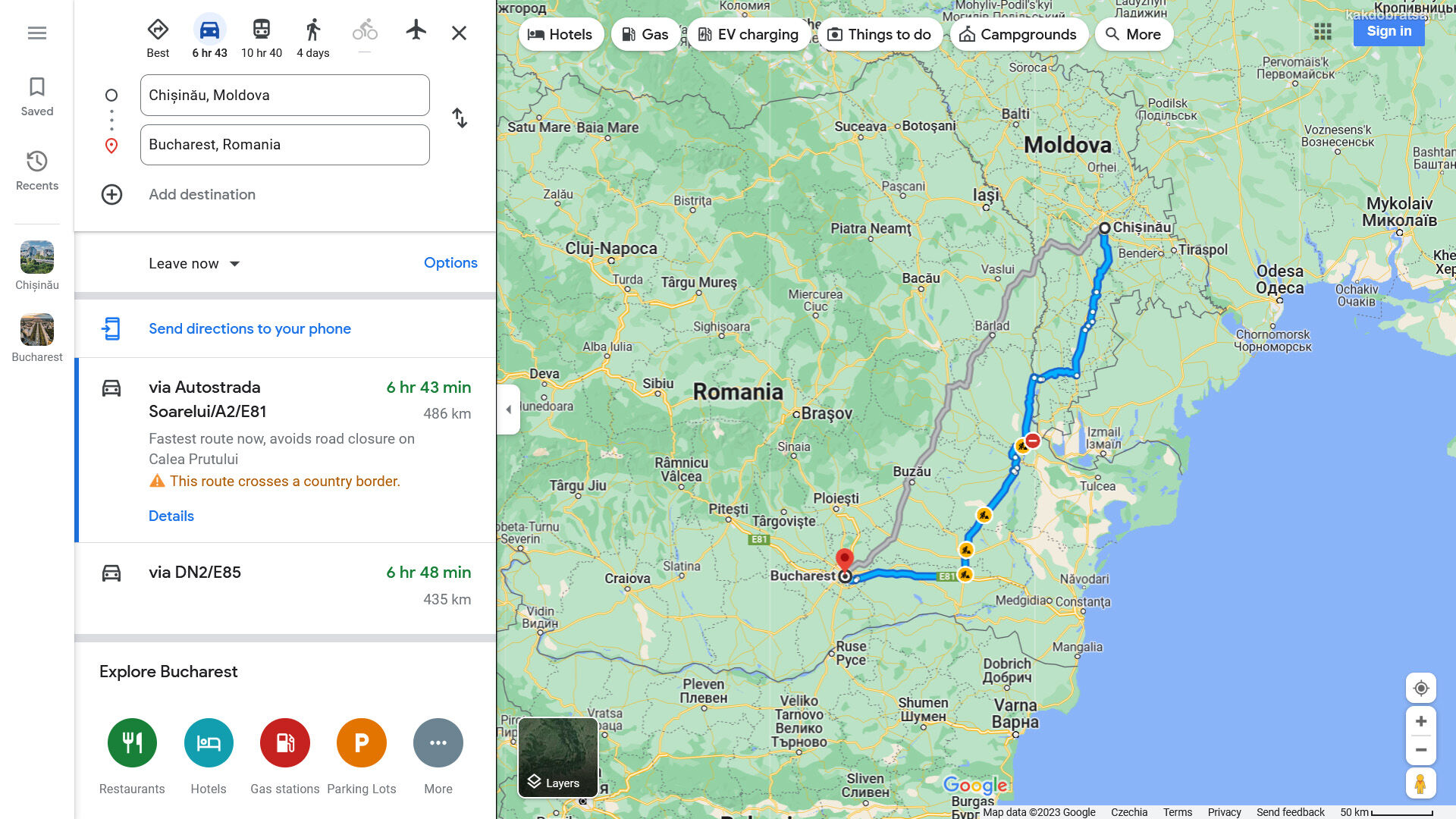 Расстояние между Кишинёвом и Бухарестом по карте