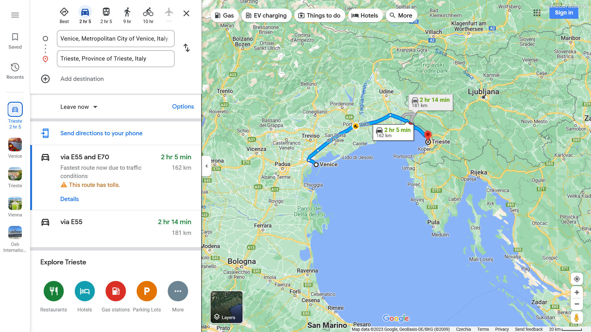 Расстояние от Венеции до Триста по карте в км